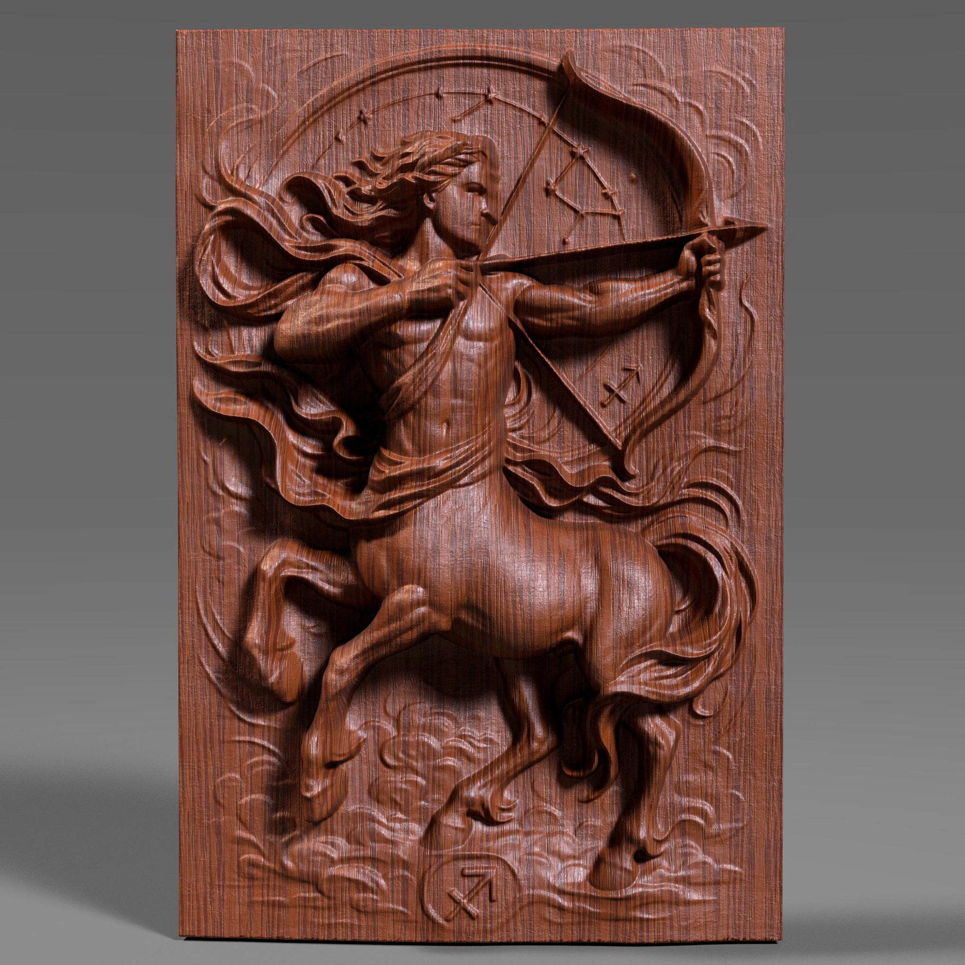 A detailed 3D bas relief carving of the Sagittarius zodiac symbol, featuring a dynamic centaur archer drawing a bow with flowing fabric and swirling clouds. The artwork highlights sculpted musculature, detailed horse anatomy, and a circular star constellation backdrop. Designed for CNC carving, laser engraving, or 3D printing, this wooden-style zodiac panel is ideal for astrology lovers, December birthdays, or celestial-themed home decor.