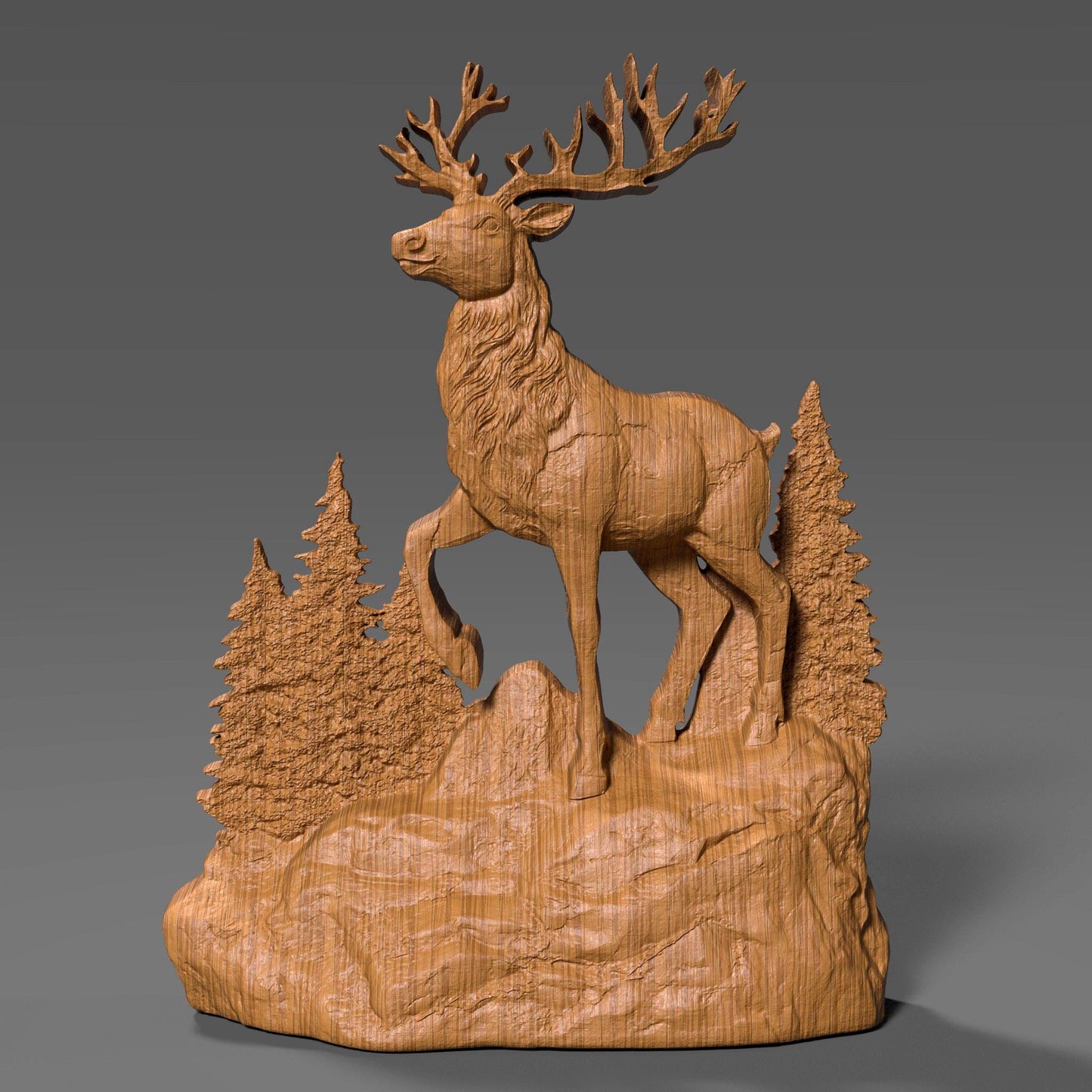 A detailed 3D bas relief sculpture of a Christmas reindeer standing on a rocky base surrounded by pine trees, carved in wood style. High-resolution digital STL design perfect for CNC carving, winter décor, Christian and holiday wall art