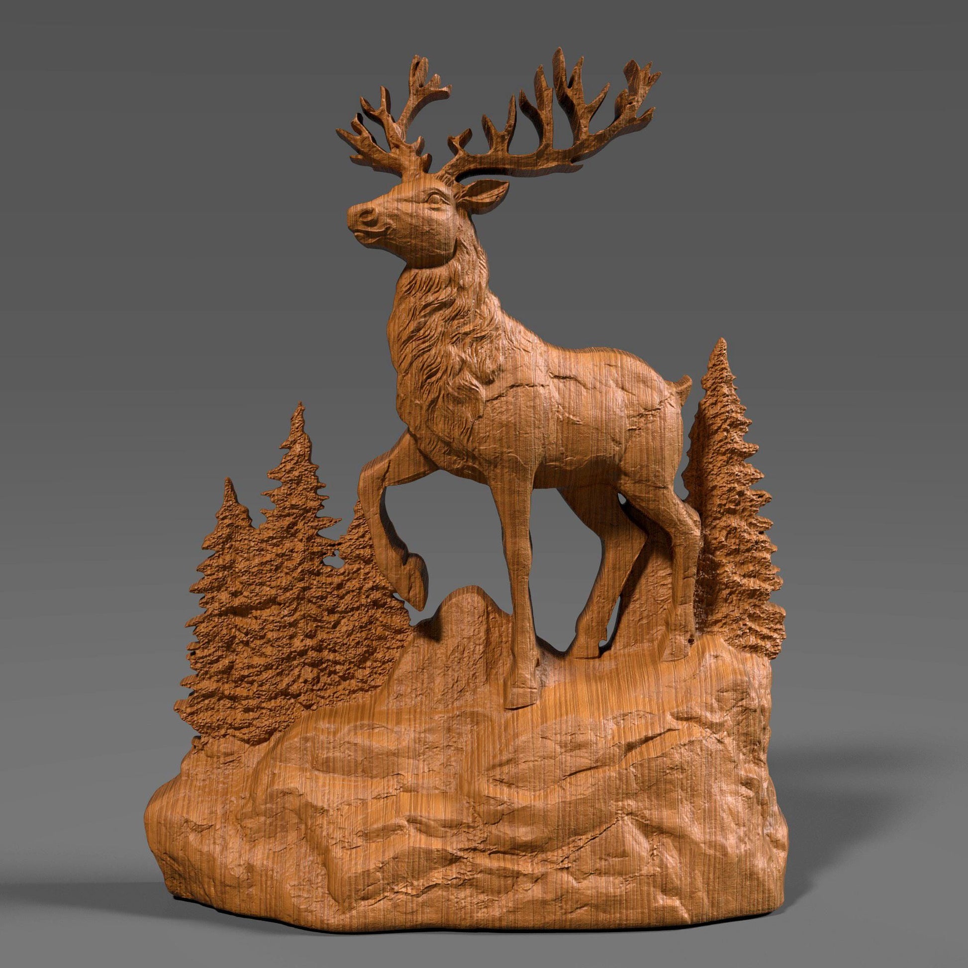 A detailed 3D bas relief sculpture of a Christmas reindeer standing on a rocky base surrounded by pine trees, carved in wood style. High-resolution digital STL design perfect for CNC carving, winter décor, Christian and holiday wall art