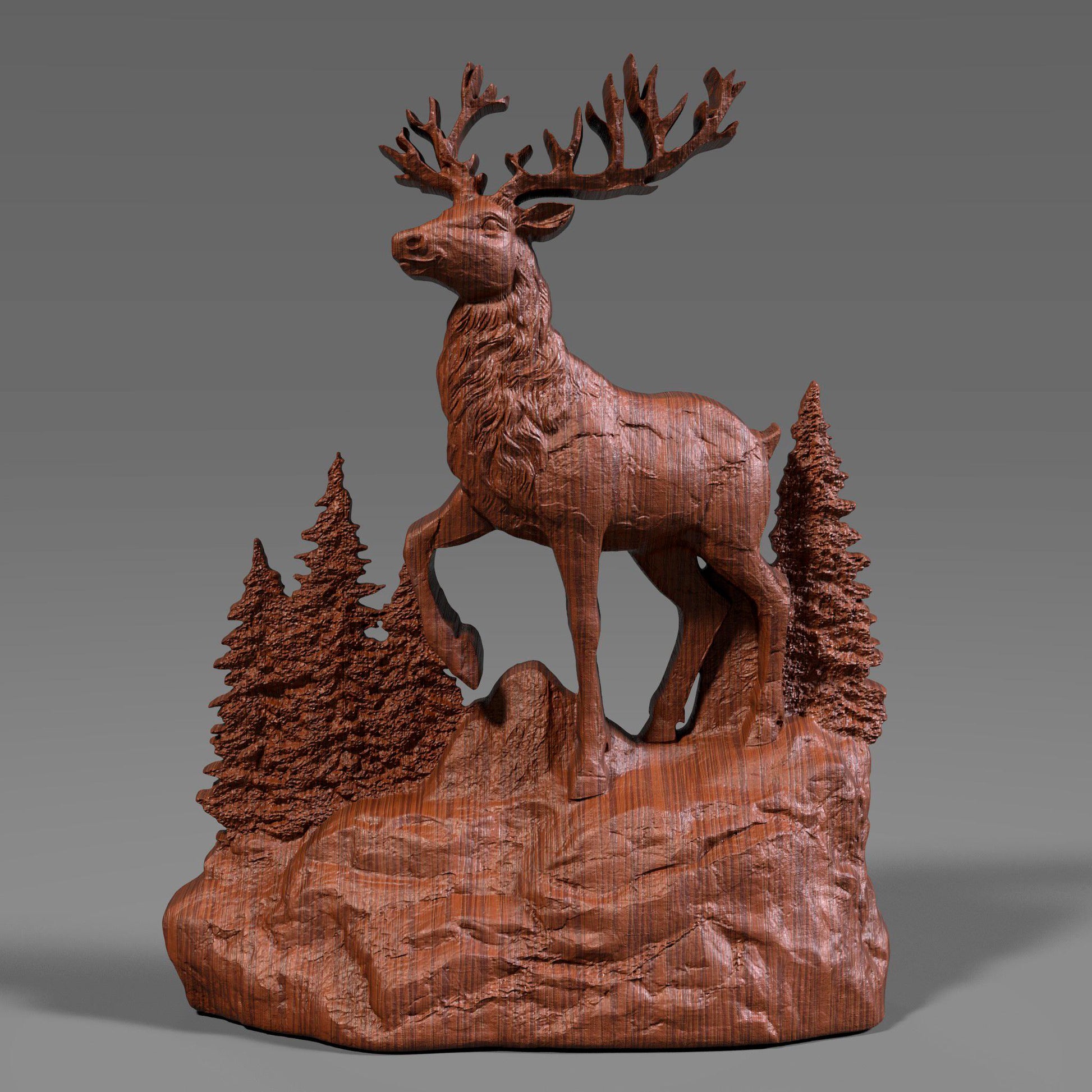 A detailed 3D bas relief sculpture of a Christmas reindeer standing on a rocky base surrounded by pine trees, carved in wood style. High-resolution digital STL design perfect for CNC carving, winter décor, Christian and holiday wall art