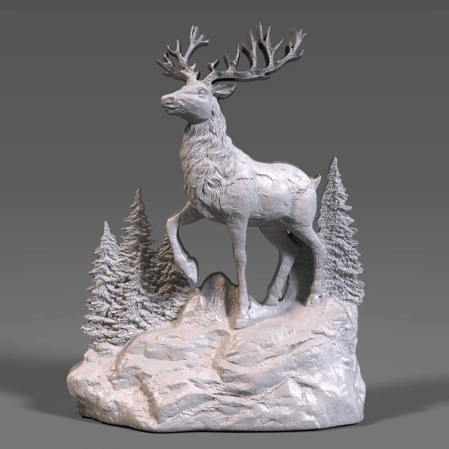 A detailed 3D bas relief sculpture of a Christmas reindeer standing on a rocky base surrounded by pine trees, carved in wood style. High-resolution digital STL design perfect for CNC carving, winter décor, Christian and holiday wall art