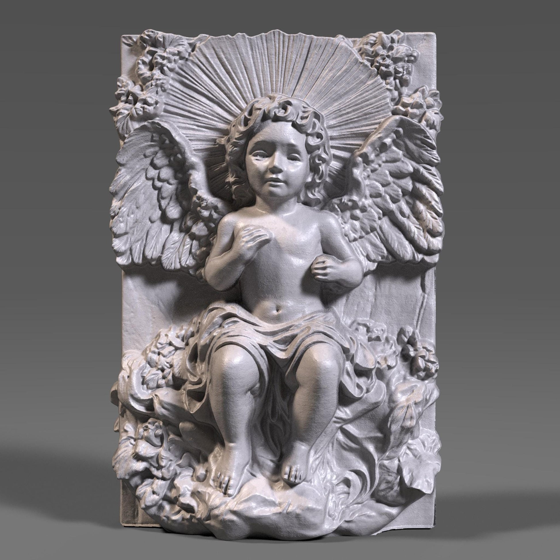 A beautifully detailed 3D bas relief of a baby angel sitting among flowing clouds and flowers, with large feathered wings and radiant light beams behind its head. The design captures a peaceful cherub expression, intricate sculpted textures, and classic Christian symbolism. Ideal for CNC carving, laser engraving, or 3D printing, this wooden-style angel panel makes meaningful Christmas décor or spiritual wall art.