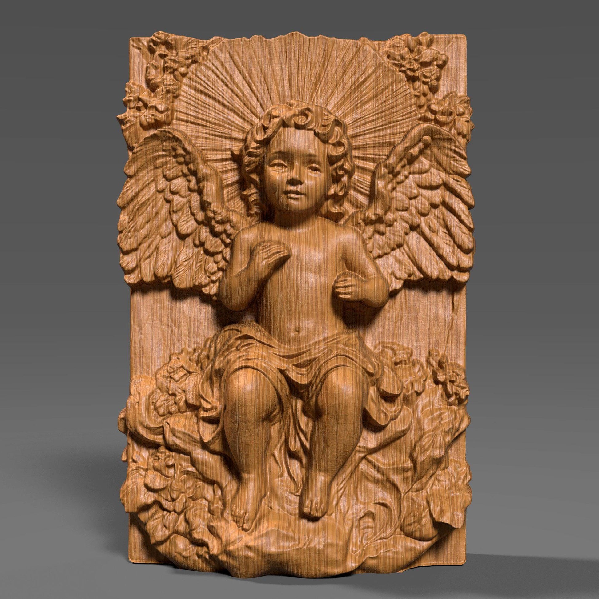 A beautifully detailed 3D bas relief of a baby angel sitting among flowing clouds and flowers, with large feathered wings and radiant light beams behind its head. The design captures a peaceful cherub expression, intricate sculpted textures, and classic Christian symbolism. Ideal for CNC carving, laser engraving, or 3D printing, this wooden-style angel panel makes meaningful Christmas décor or spiritual wall art.