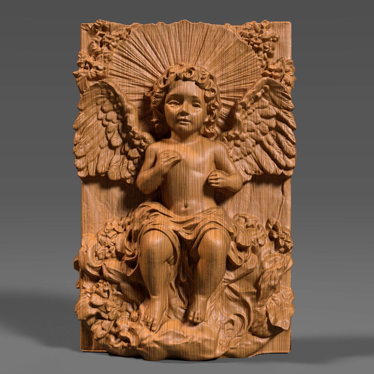 A beautifully detailed 3D bas relief of a baby angel sitting among flowing clouds and flowers, with large feathered wings and radiant light beams behind its head. The design captures a peaceful cherub expression, intricate sculpted textures, and classic Christian symbolism. Ideal for CNC carving, laser engraving, or 3D printing, this wooden-style angel panel makes meaningful Christmas décor or spiritual wall art.