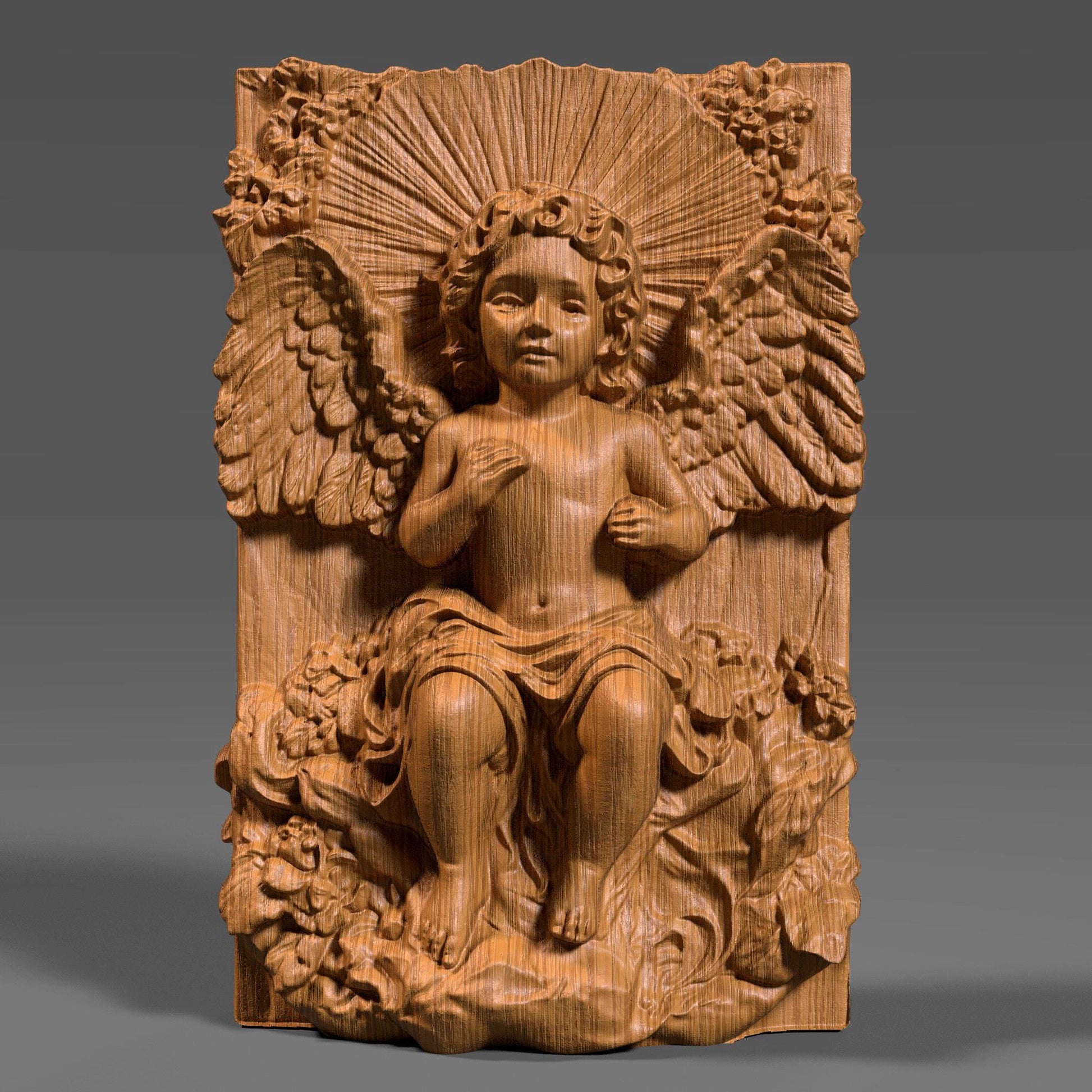 A beautifully detailed 3D bas relief of a baby angel sitting among flowing clouds and flowers, with large feathered wings and radiant light beams behind its head. The design captures a peaceful cherub expression, intricate sculpted textures, and classic Christian symbolism. Ideal for CNC carving, laser engraving, or 3D printing, this wooden-style angel panel makes meaningful Christmas décor or spiritual wall art.