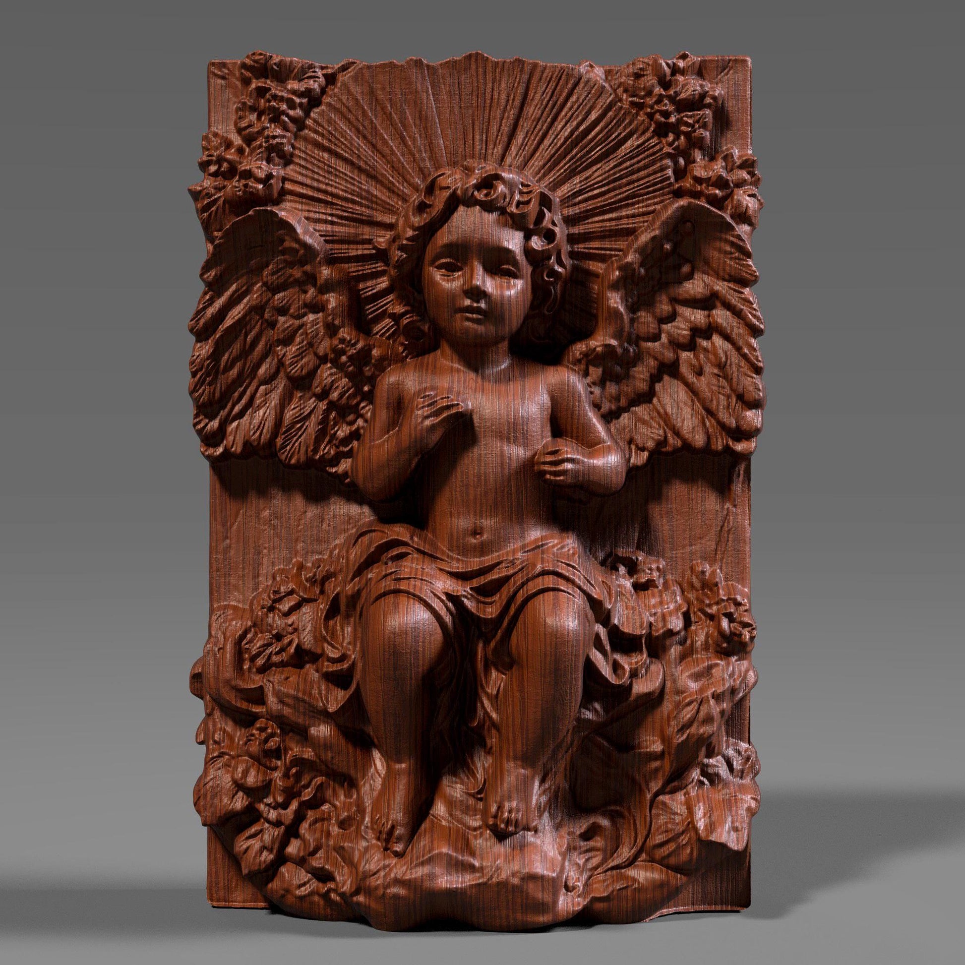A beautifully detailed 3D bas relief of a baby angel sitting among flowing clouds and flowers, with large feathered wings and radiant light beams behind its head. The design captures a peaceful cherub expression, intricate sculpted textures, and classic Christian symbolism. Ideal for CNC carving, laser engraving, or 3D printing, this wooden-style angel panel makes meaningful Christmas décor or spiritual wall art.