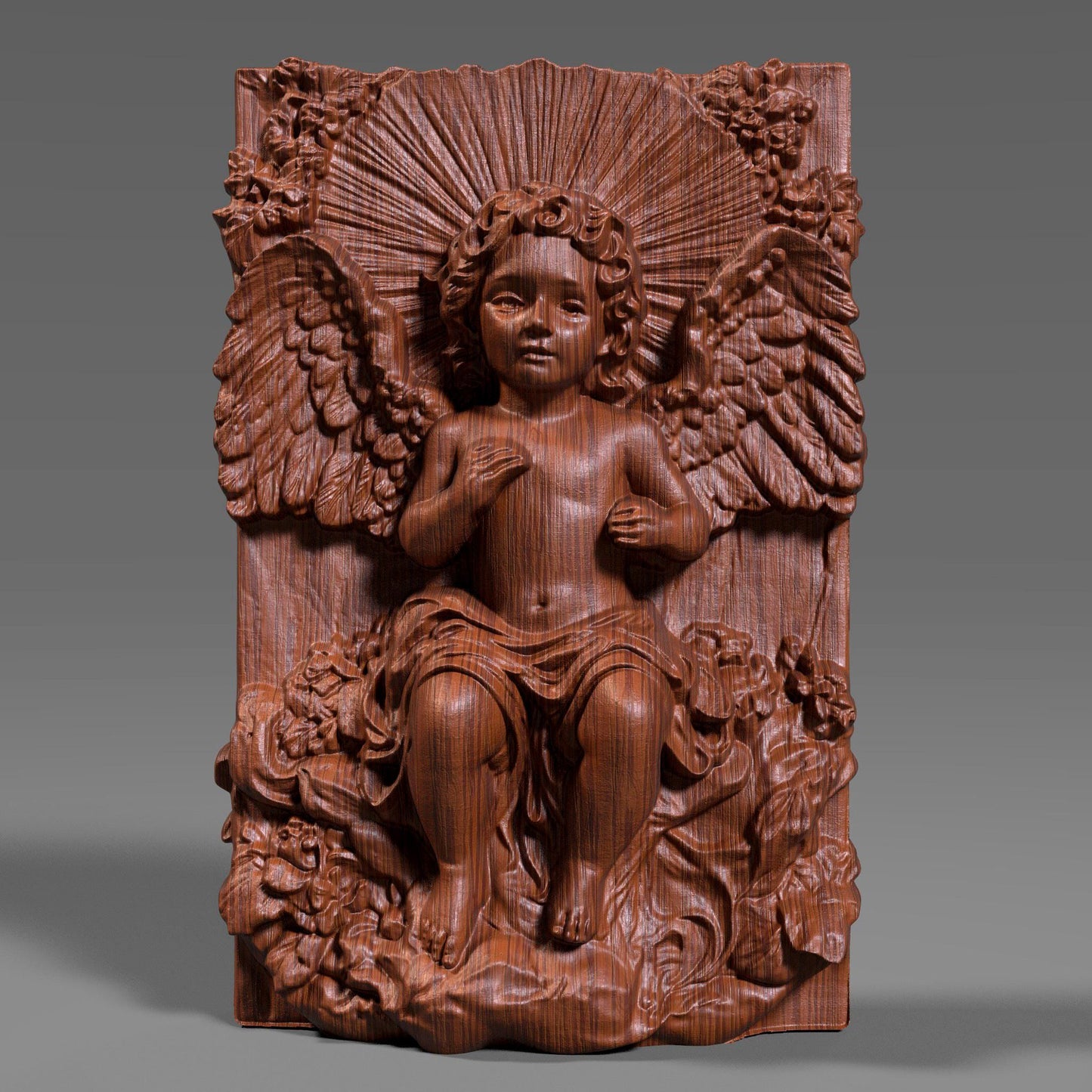 A beautifully detailed 3D bas relief of a baby angel sitting among flowing clouds and flowers, with large feathered wings and radiant light beams behind its head. The design captures a peaceful cherub expression, intricate sculpted textures, and classic Christian symbolism. Ideal for CNC carving, laser engraving, or 3D printing, this wooden-style angel panel makes meaningful Christmas décor or spiritual wall art.
