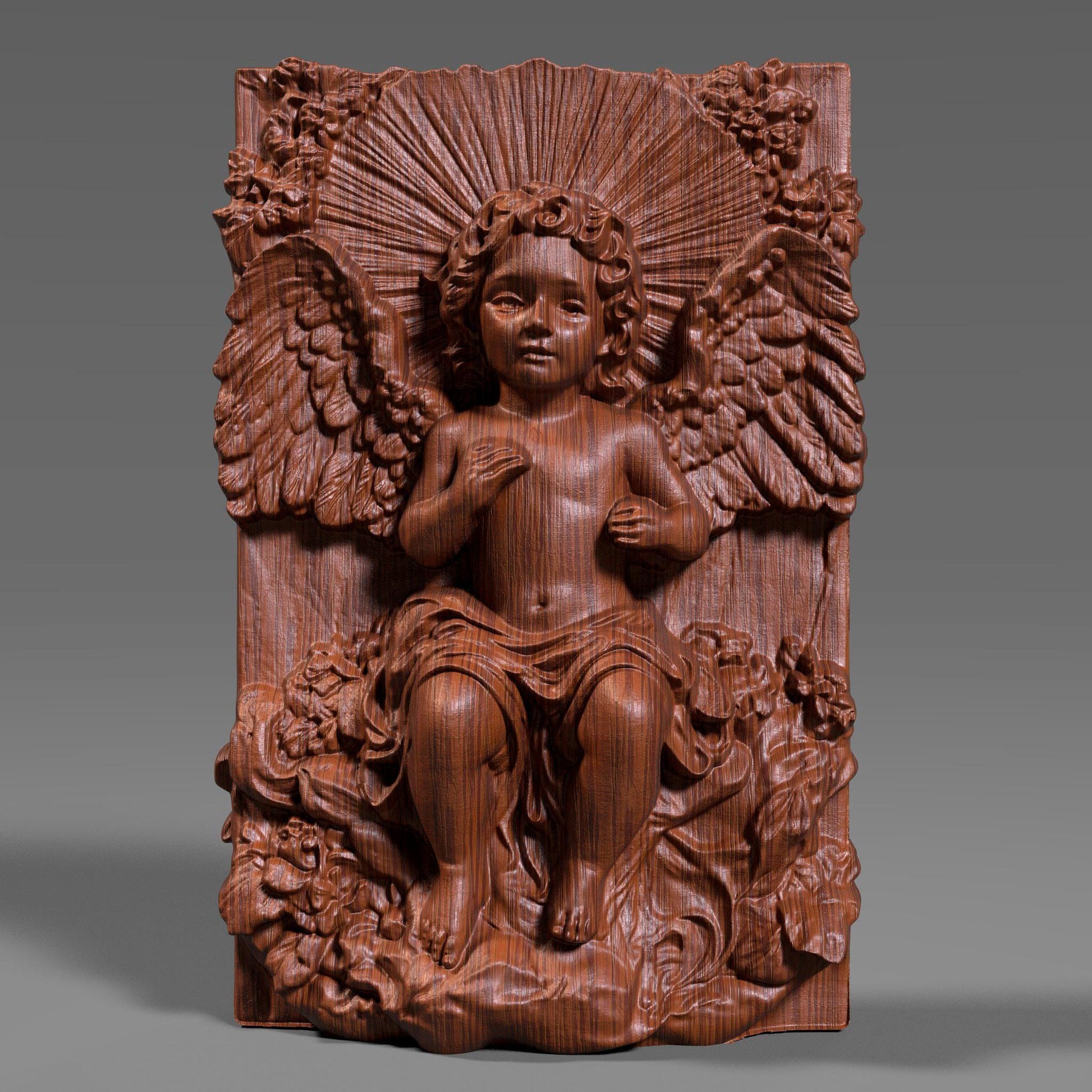 A beautifully detailed 3D bas relief of a baby angel sitting among flowing clouds and flowers, with large feathered wings and radiant light beams behind its head. The design captures a peaceful cherub expression, intricate sculpted textures, and classic Christian symbolism. Ideal for CNC carving, laser engraving, or 3D printing, this wooden-style angel panel makes meaningful Christmas décor or spiritual wall art.
