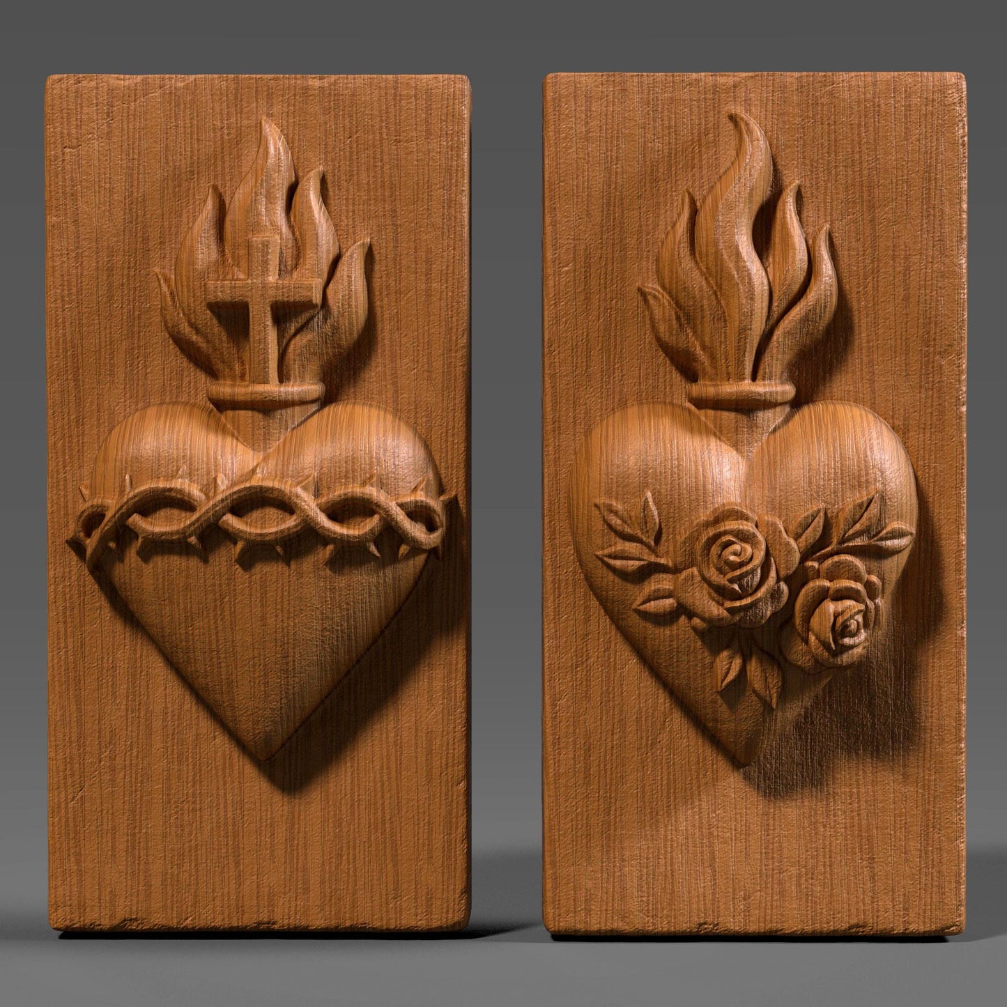 3D bas relief of the Sacred Heart of Jesus and the Immaculate Heart of Mary, featuring detailed flames, cross, crown of thorns, roses, and smooth carved wood texture. Perfect for Christian wall art, Catholic home decor, CNC carving, laser engraving, and religious festival pieces. High-detail digital sculpture for devotion and prayer spaces.