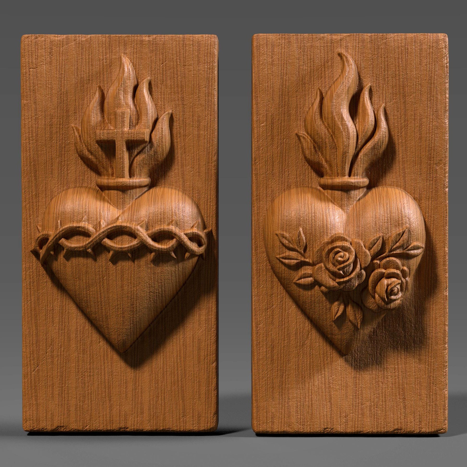 3D bas relief of the Sacred Heart of Jesus and the Immaculate Heart of Mary, featuring detailed flames, cross, crown of thorns, roses, and smooth carved wood texture. Perfect for Christian wall art, Catholic home decor, CNC carving, laser engraving, and religious festival pieces. High-detail digital sculpture for devotion and prayer spaces.