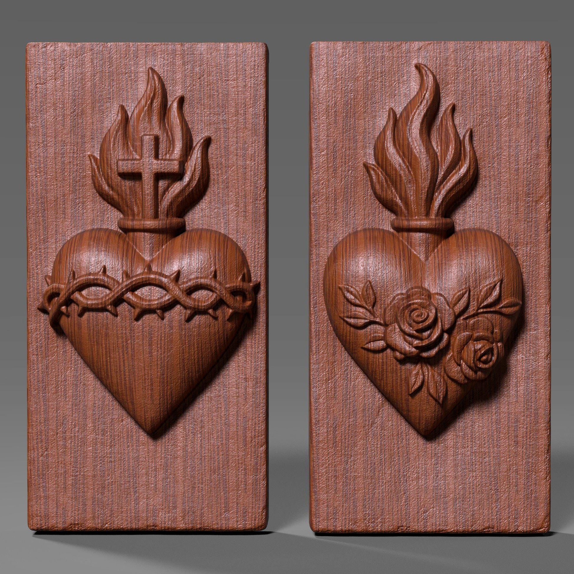 3D bas relief of the Sacred Heart of Jesus and the Immaculate Heart of Mary, featuring detailed flames, cross, crown of thorns, roses, and smooth carved wood texture. Perfect for Christian wall art, Catholic home decor, CNC carving, laser engraving, and religious festival pieces. High-detail digital sculpture for devotion and prayer spaces.