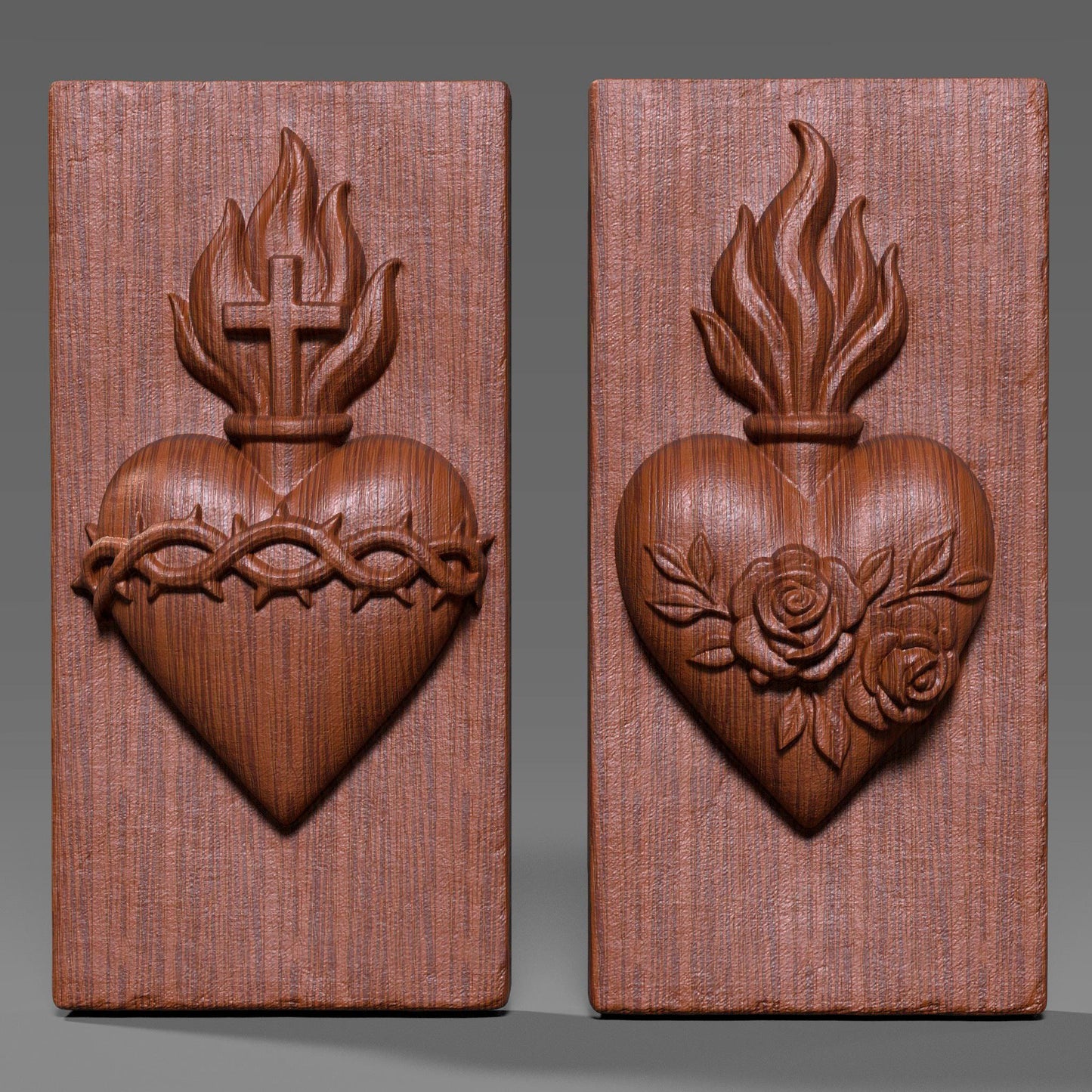 3D bas relief of the Sacred Heart of Jesus and the Immaculate Heart of Mary, featuring detailed flames, cross, crown of thorns, roses, and smooth carved wood texture. Perfect for Christian wall art, Catholic home decor, CNC carving, laser engraving, and religious festival pieces. High-detail digital sculpture for devotion and prayer spaces.