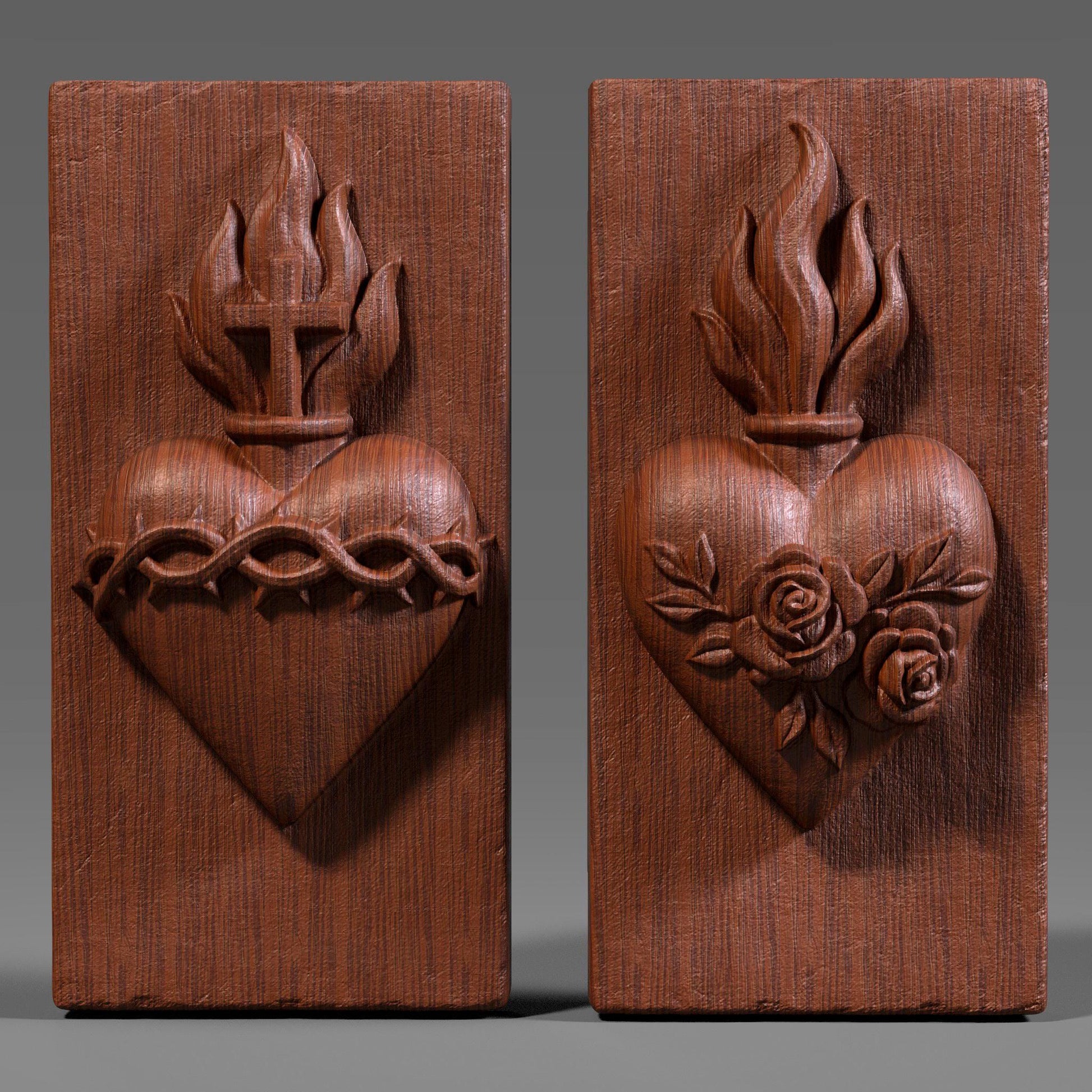 3D bas relief of the Sacred Heart of Jesus and the Immaculate Heart of Mary, featuring detailed flames, cross, crown of thorns, roses, and smooth carved wood texture. Perfect for Christian wall art, Catholic home decor, CNC carving, laser engraving, and religious festival pieces. High-detail digital sculpture for devotion and prayer spaces.
