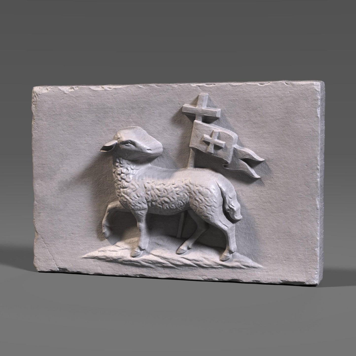 3D bas-relief of the Lamb of God, featuring a sculpted lamb walking on a small hill carrying a Christian resurrection banner with a cross. Detailed wool texture, smooth wood-carved shading, and a rectangular plaque shape ideal for CNC carving, laser engraving, Christian wall décor, and religious artwork.