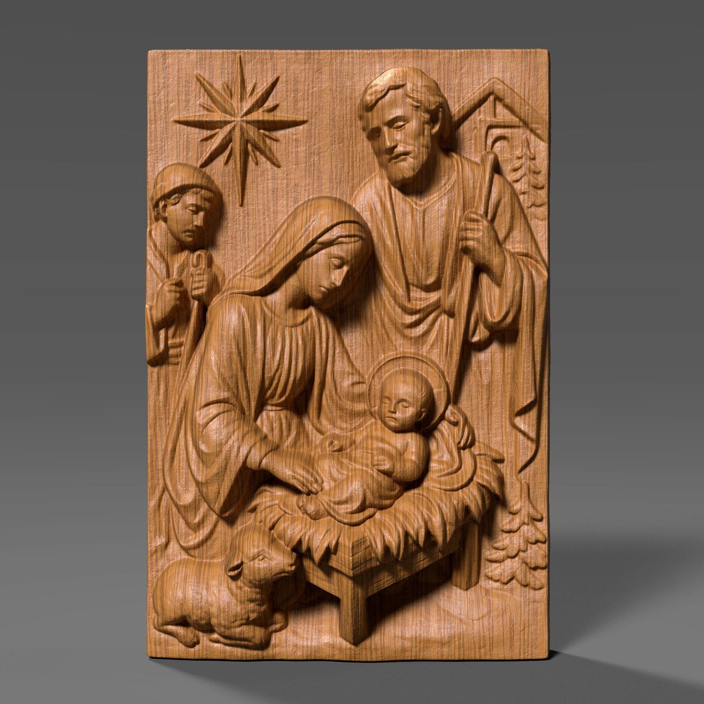A beautiful Nativity Scene bas-relief featuring Baby Jesus, Mother Mary, and Saint Joseph, sculpted with reverence and fine classical detail. Draped fabrics, the guiding Christmas star, animals, and the manger create a warm spiritual narrative — ideal for Christmas projects, religious displays, churches, gifts, and sacred wall decor.