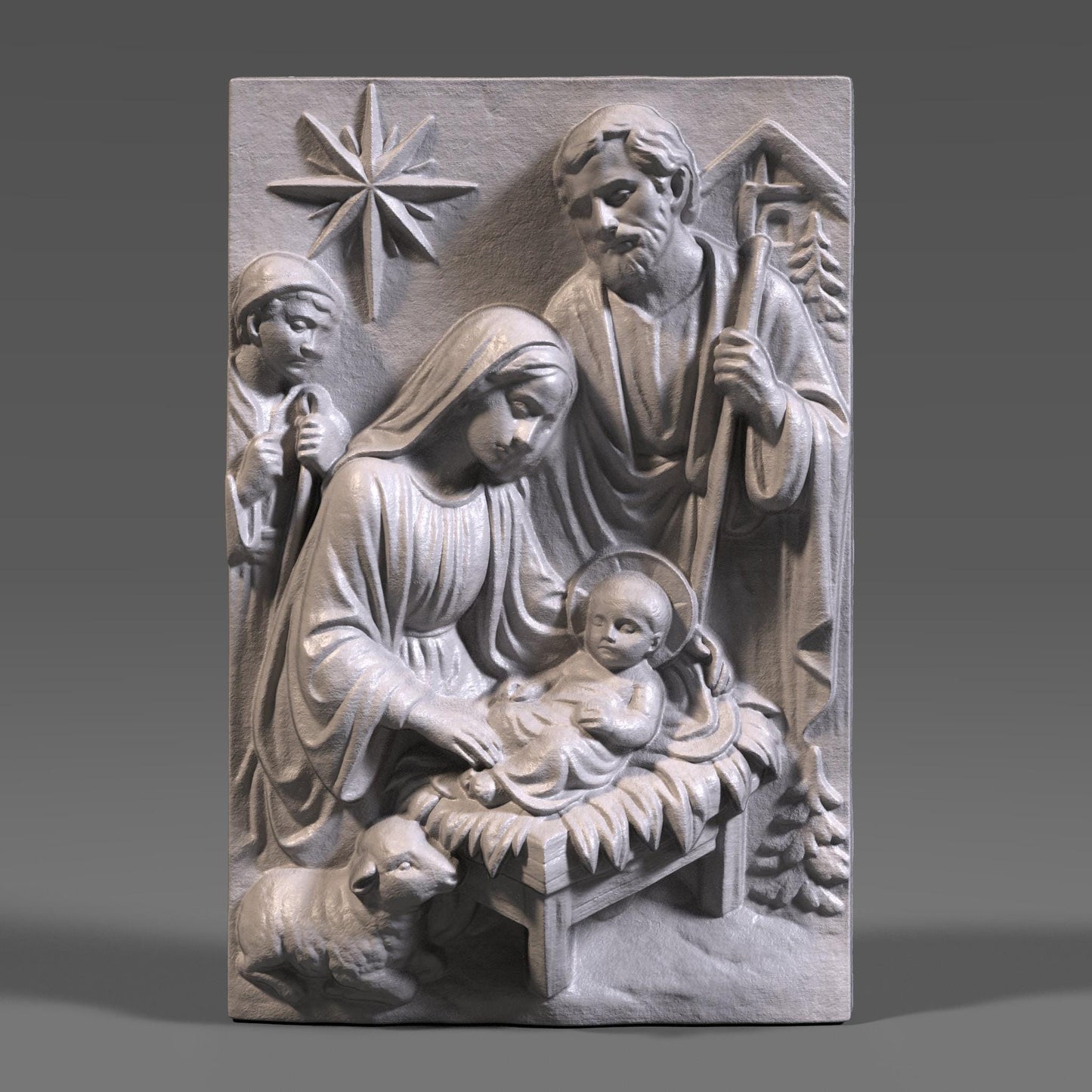 A beautiful Nativity Scene bas-relief featuring Baby Jesus, Mother Mary, and Saint Joseph, sculpted with reverence and fine classical detail. Draped fabrics, the guiding Christmas star, animals, and the manger create a warm spiritual narrative — ideal for Christmas projects, religious displays, churches, gifts, and sacred wall decor.