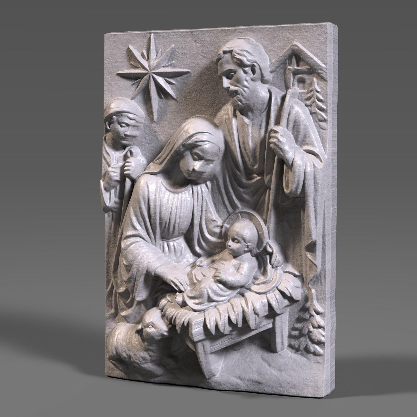 A beautiful Nativity Scene bas-relief featuring Baby Jesus, Mother Mary, and Saint Joseph, sculpted with reverence and fine classical detail. Draped fabrics, the guiding Christmas star, animals, and the manger create a warm spiritual narrative — ideal for Christmas projects, religious displays, churches, gifts, and sacred wall decor.