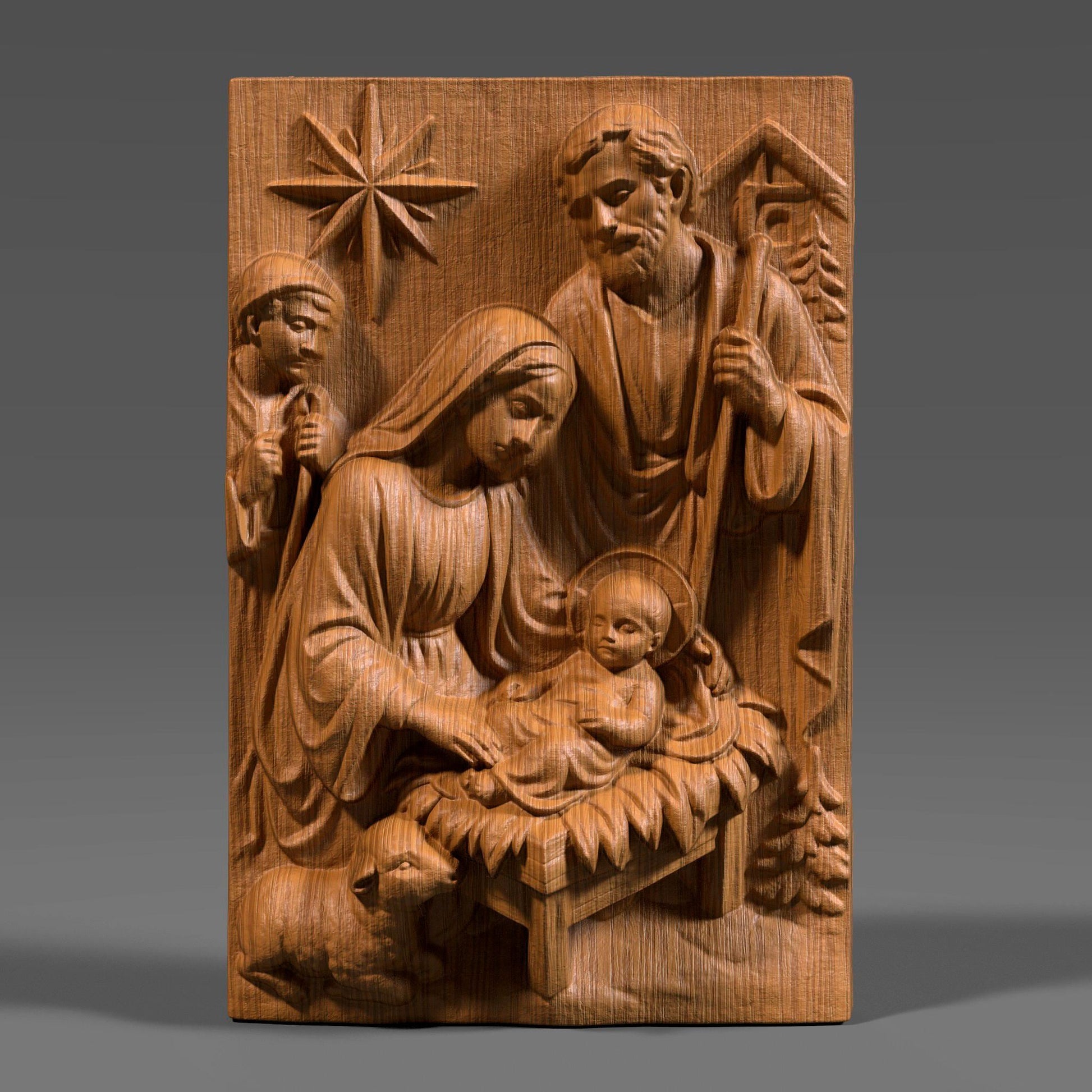 A beautiful Nativity Scene bas-relief featuring Baby Jesus, Mother Mary, and Saint Joseph, sculpted with reverence and fine classical detail. Draped fabrics, the guiding Christmas star, animals, and the manger create a warm spiritual narrative — ideal for Christmas projects, religious displays, churches, gifts, and sacred wall decor.