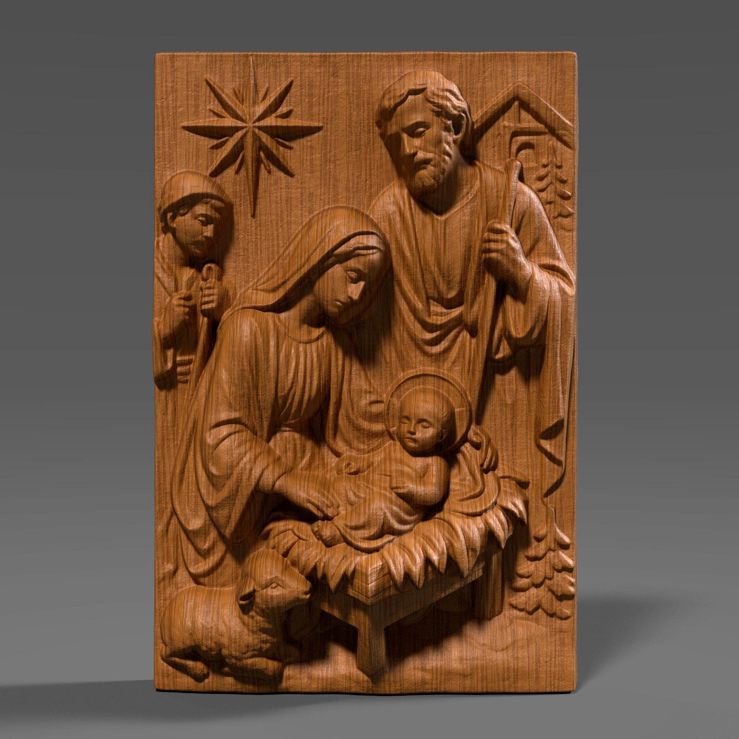 A beautiful Nativity Scene bas-relief featuring Baby Jesus, Mother Mary, and Saint Joseph, sculpted with reverence and fine classical detail. Draped fabrics, the guiding Christmas star, animals, and the manger create a warm spiritual narrative — ideal for Christmas projects, religious displays, churches, gifts, and sacred wall decor.