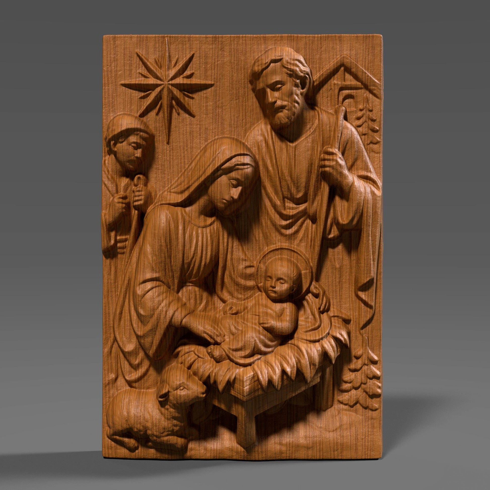 A beautiful Nativity Scene bas-relief featuring Baby Jesus, Mother Mary, and Saint Joseph, sculpted with reverence and fine classical detail. Draped fabrics, the guiding Christmas star, animals, and the manger create a warm spiritual narrative — ideal for Christmas projects, religious displays, churches, gifts, and sacred wall decor.