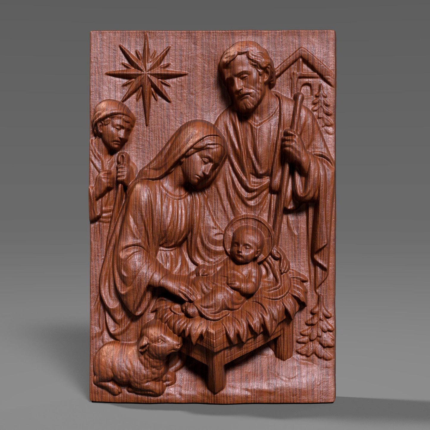A beautiful Nativity Scene bas-relief featuring Baby Jesus, Mother Mary, and Saint Joseph, sculpted with reverence and fine classical detail. Draped fabrics, the guiding Christmas star, animals, and the manger create a warm spiritual narrative — ideal for Christmas projects, religious displays, churches, gifts, and sacred wall decor.