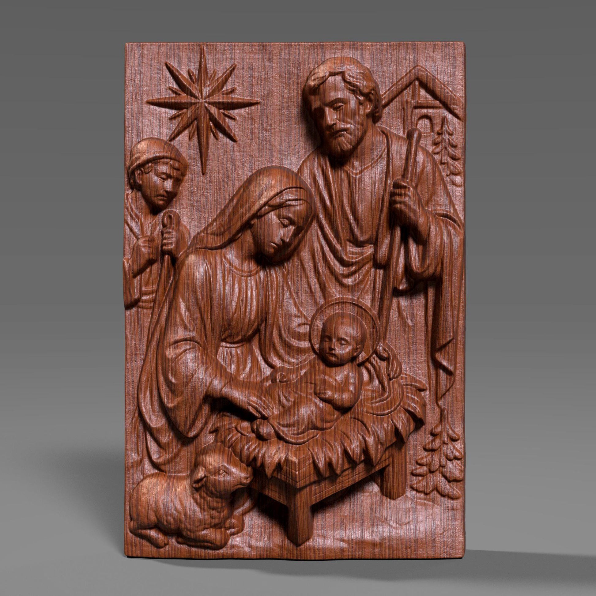 A beautiful Nativity Scene bas-relief featuring Baby Jesus, Mother Mary, and Saint Joseph, sculpted with reverence and fine classical detail. Draped fabrics, the guiding Christmas star, animals, and the manger create a warm spiritual narrative — ideal for Christmas projects, religious displays, churches, gifts, and sacred wall decor.