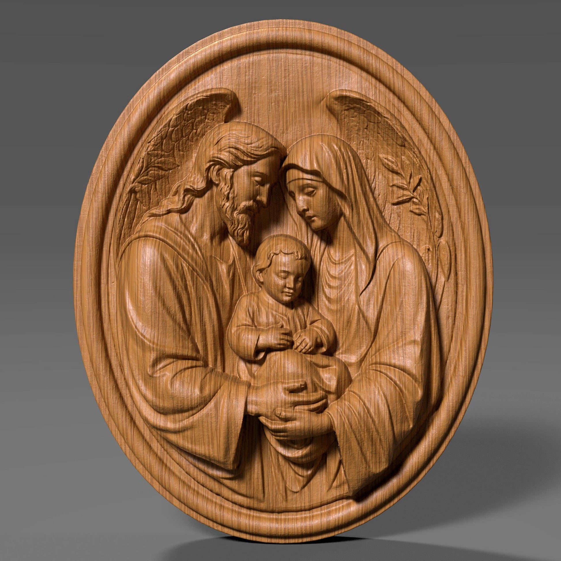 Round Holy Family bas relief wall art depicting Joseph, Mary and child Jesus in a tender sacred pose, detailed clothing folds and angel wings, classical Christian sculpture engraving design for CNC carving, wood art, 3D print or religious home décor, perfect for Christmas, Catholic gift, prayer wall and church artwork.