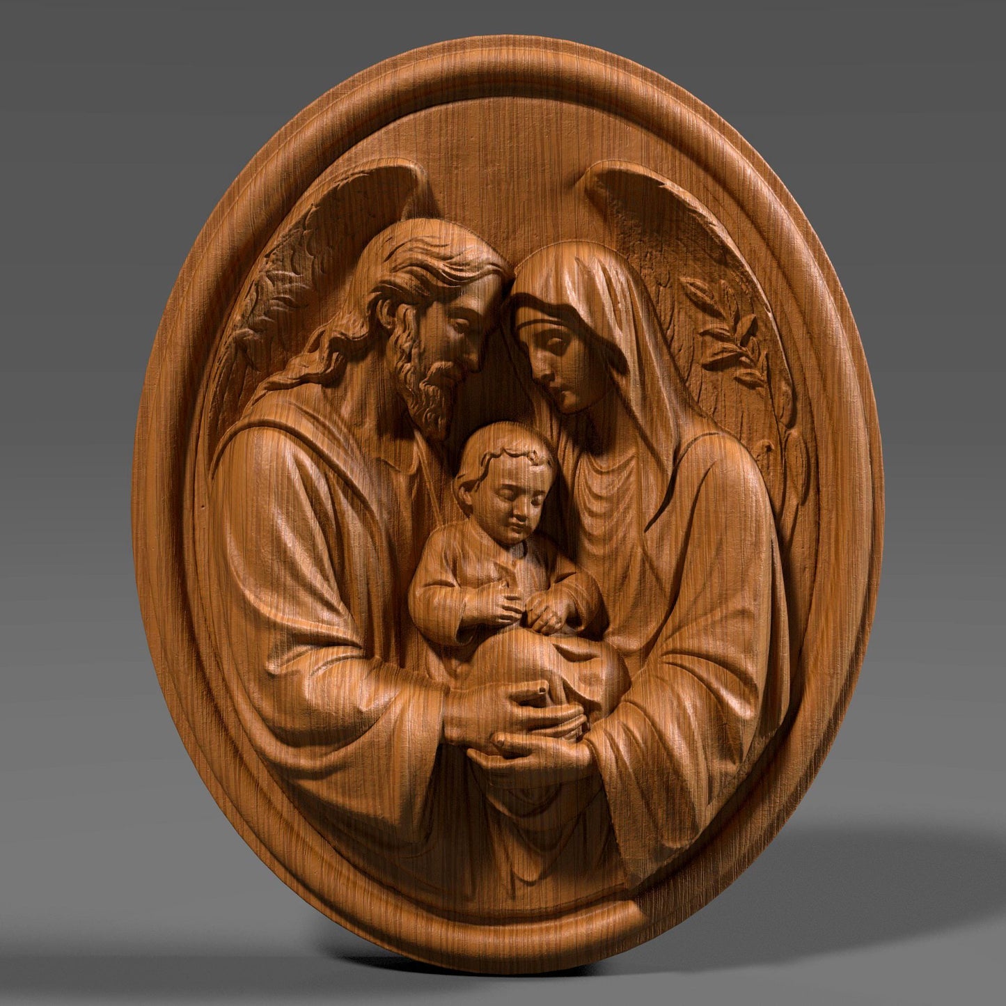 Round Holy Family bas relief wall art depicting Joseph, Mary and child Jesus in a tender sacred pose, detailed clothing folds and angel wings, classical Christian sculpture engraving design for CNC carving, wood art, 3D print or religious home décor, perfect for Christmas, Catholic gift, prayer wall and church artwork.