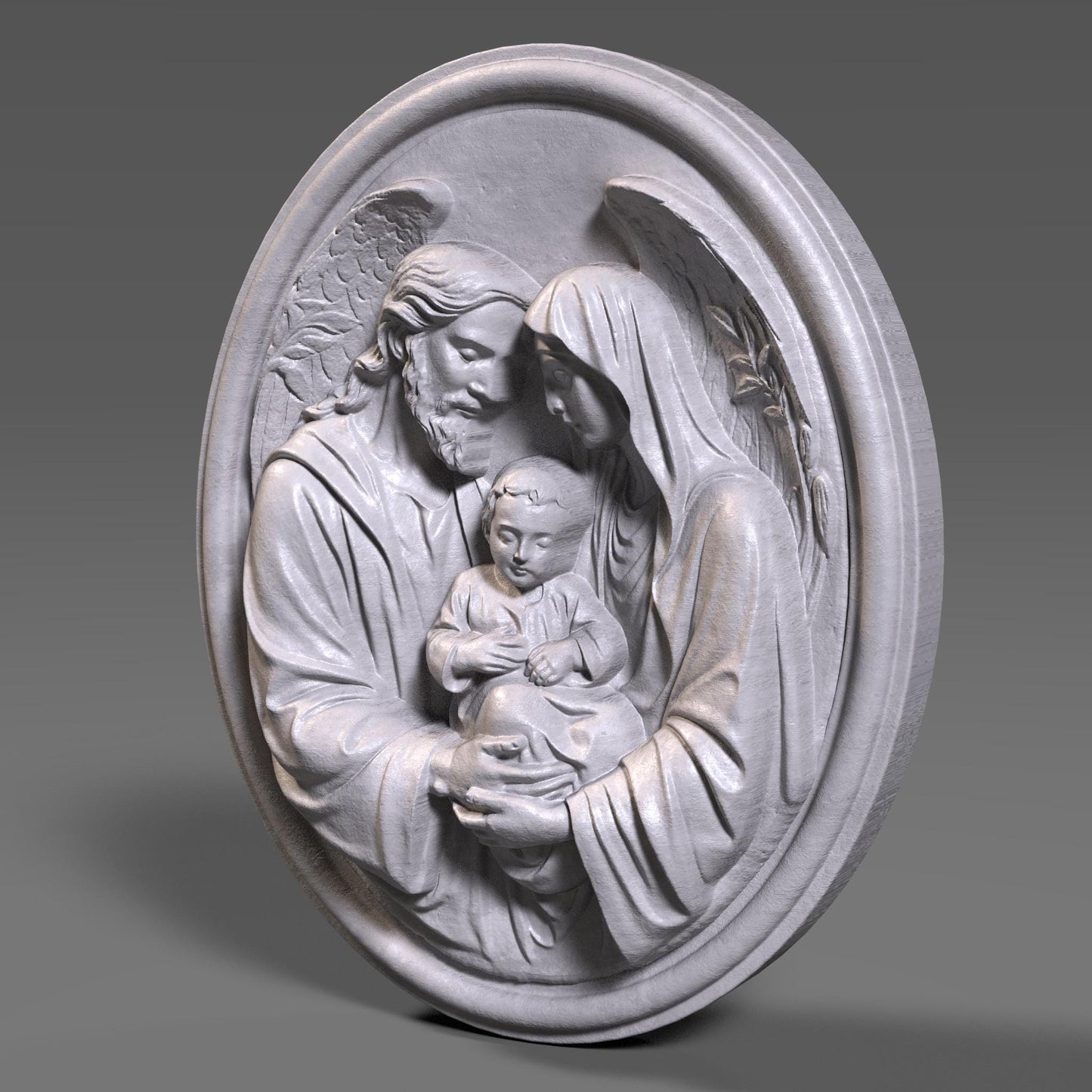 Round Holy Family bas relief wall art depicting Joseph, Mary and child Jesus in a tender sacred pose, detailed clothing folds and angel wings, classical Christian sculpture engraving design for CNC carving, wood art, 3D print or religious home décor, perfect for Christmas, Catholic gift, prayer wall and church artwork.
