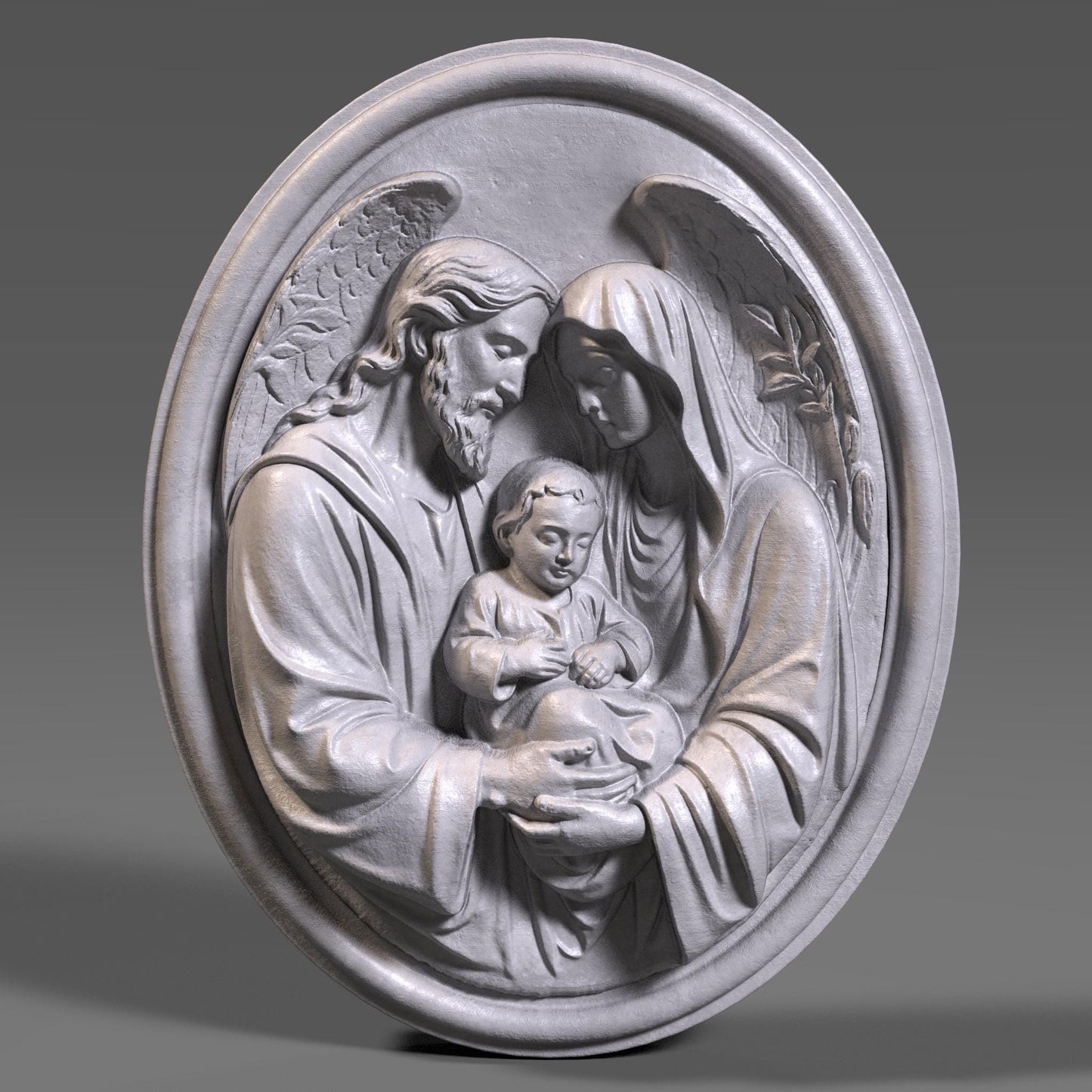 Round Holy Family bas relief wall art depicting Joseph, Mary and child Jesus in a tender sacred pose, detailed clothing folds and angel wings, classical Christian sculpture engraving design for CNC carving, wood art, 3D print or religious home décor, perfect for Christmas, Catholic gift, prayer wall and church artwork.
