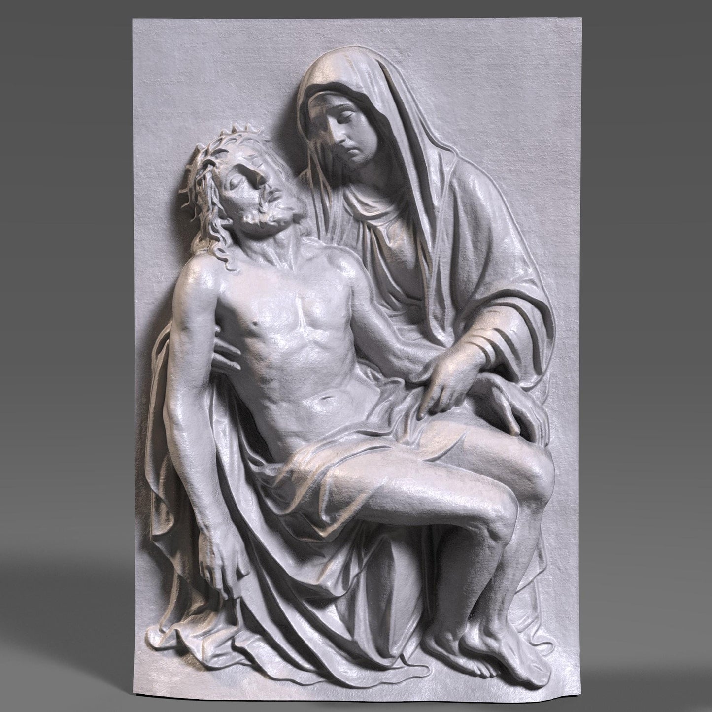 Detailed 3D bas-relief carving of the Pietà scene showing the Virgin Mary holding Jesus after the crucifixion. The artwork features realistic drapery, expressive emotion, and fine wooden texture, making it ideal for Christian homes, prayer rooms, and Christmas religious décor. Perfect for wall hanging, devotional art displays, or CNC/3D-printed sacred artwork. A beautiful spiritual piece celebrating faith, love, and sacrifice.