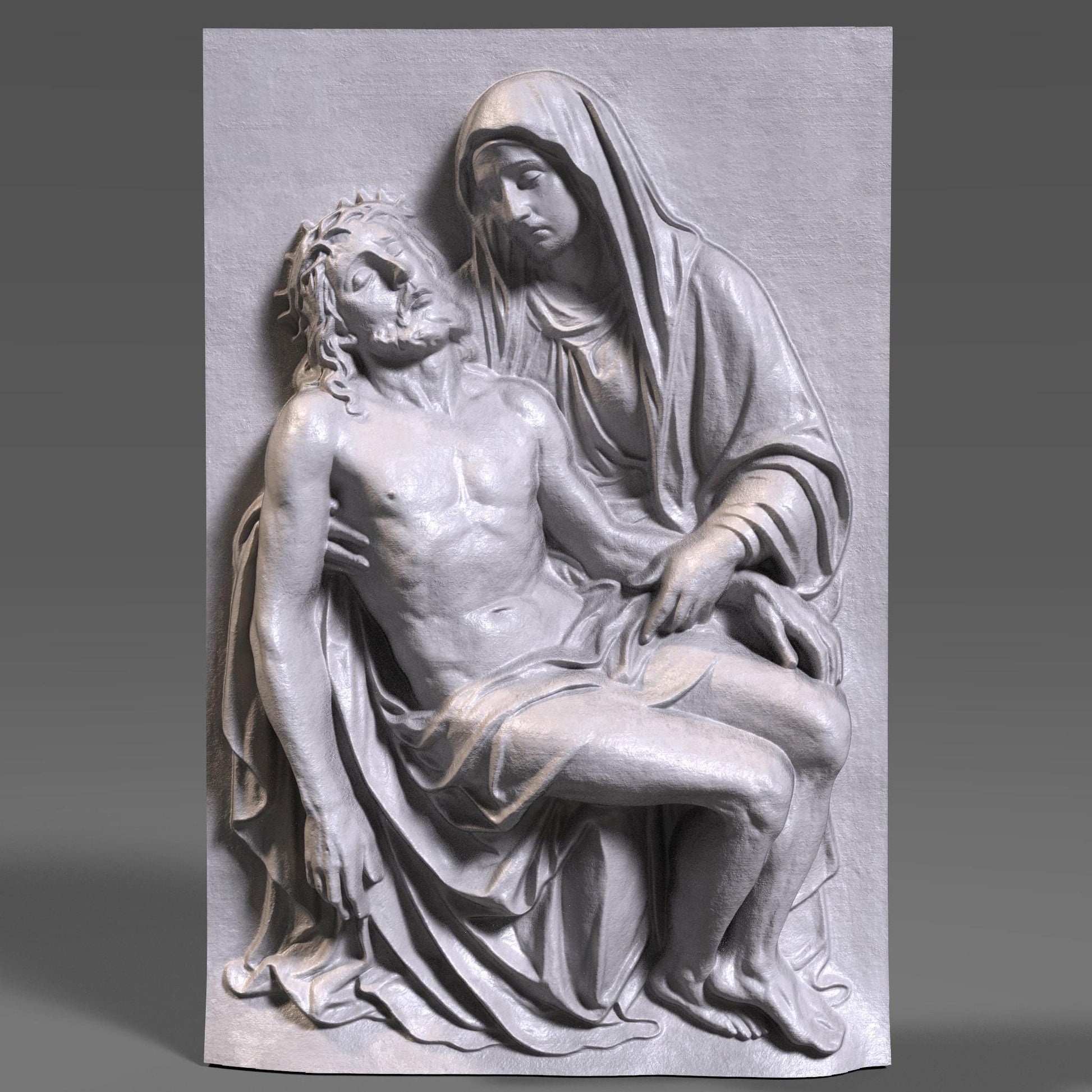 Detailed 3D bas-relief carving of the Pietà scene showing the Virgin Mary holding Jesus after the crucifixion. The artwork features realistic drapery, expressive emotion, and fine wooden texture, making it ideal for Christian homes, prayer rooms, and Christmas religious décor. Perfect for wall hanging, devotional art displays, or CNC/3D-printed sacred artwork. A beautiful spiritual piece celebrating faith, love, and sacrifice.