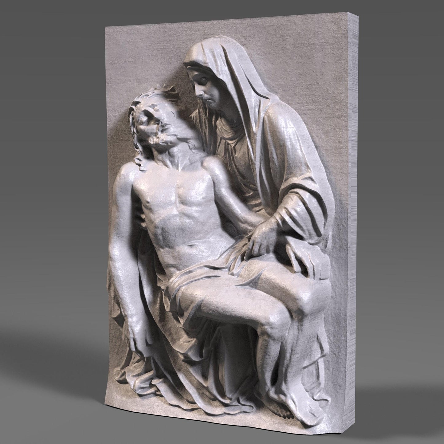 Detailed 3D bas-relief carving of the Pietà scene showing the Virgin Mary holding Jesus after the crucifixion. The artwork features realistic drapery, expressive emotion, and fine wooden texture, making it ideal for Christian homes, prayer rooms, and Christmas religious décor. Perfect for wall hanging, devotional art displays, or CNC/3D-printed sacred artwork. A beautiful spiritual piece celebrating faith, love, and sacrifice.
