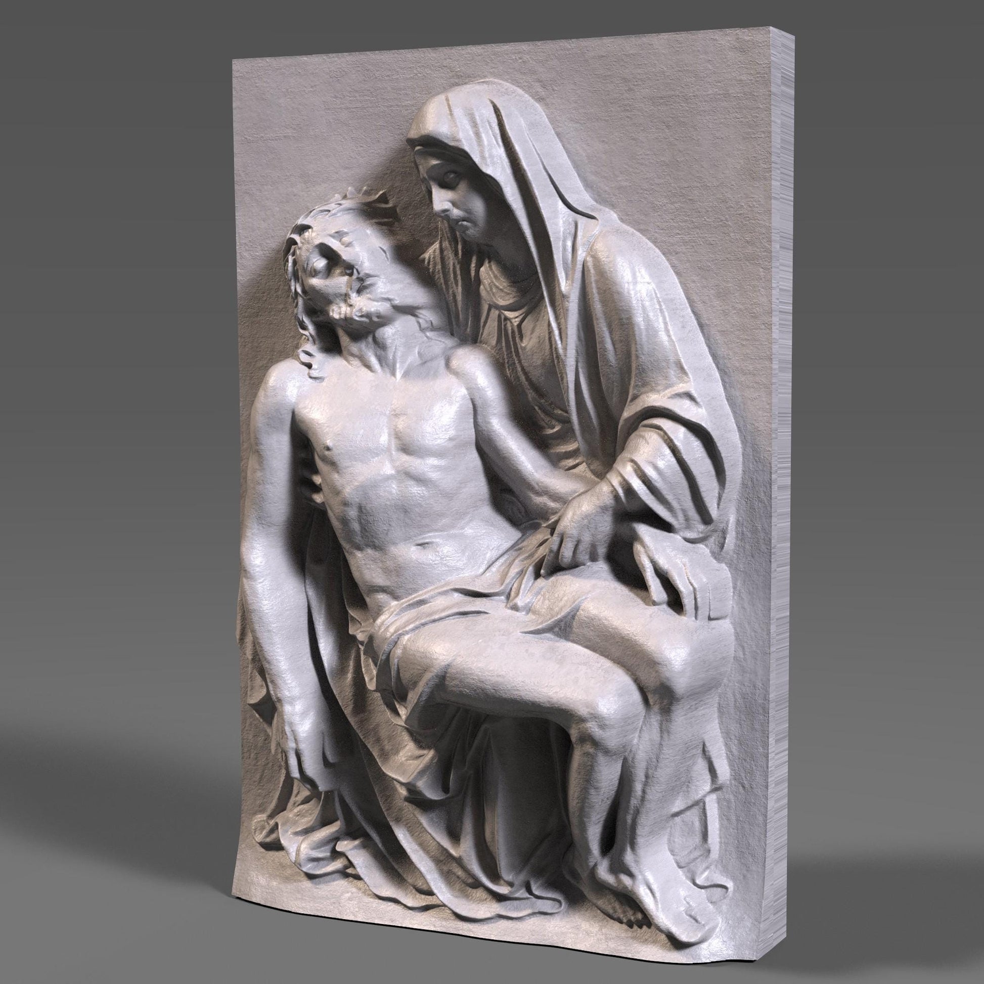 Detailed 3D bas-relief carving of the Pietà scene showing the Virgin Mary holding Jesus after the crucifixion. The artwork features realistic drapery, expressive emotion, and fine wooden texture, making it ideal for Christian homes, prayer rooms, and Christmas religious décor. Perfect for wall hanging, devotional art displays, or CNC/3D-printed sacred artwork. A beautiful spiritual piece celebrating faith, love, and sacrifice.