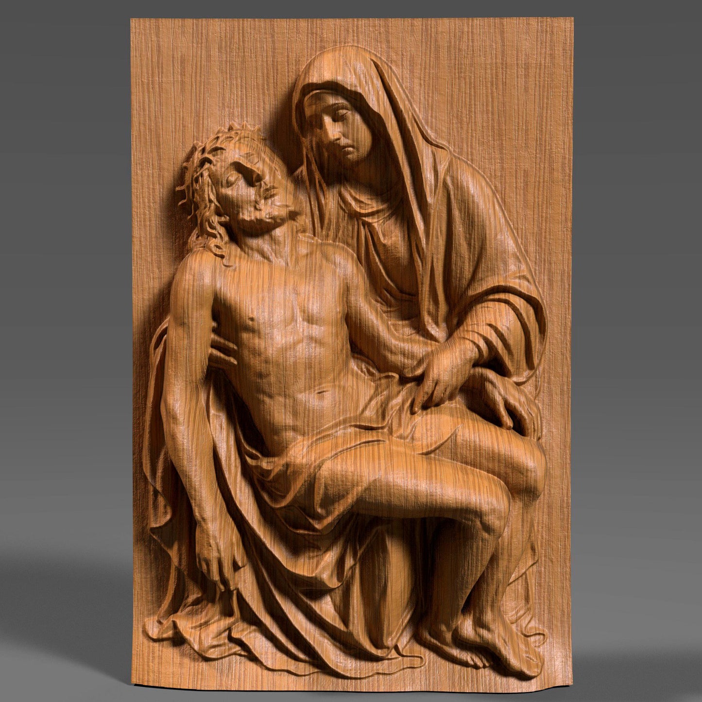 Detailed 3D bas-relief carving of the Pietà scene showing the Virgin Mary holding Jesus after the crucifixion. The artwork features realistic drapery, expressive emotion, and fine wooden texture, making it ideal for Christian homes, prayer rooms, and Christmas religious décor. Perfect for wall hanging, devotional art displays, or CNC/3D-printed sacred artwork. A beautiful spiritual piece celebrating faith, love, and sacrifice.
