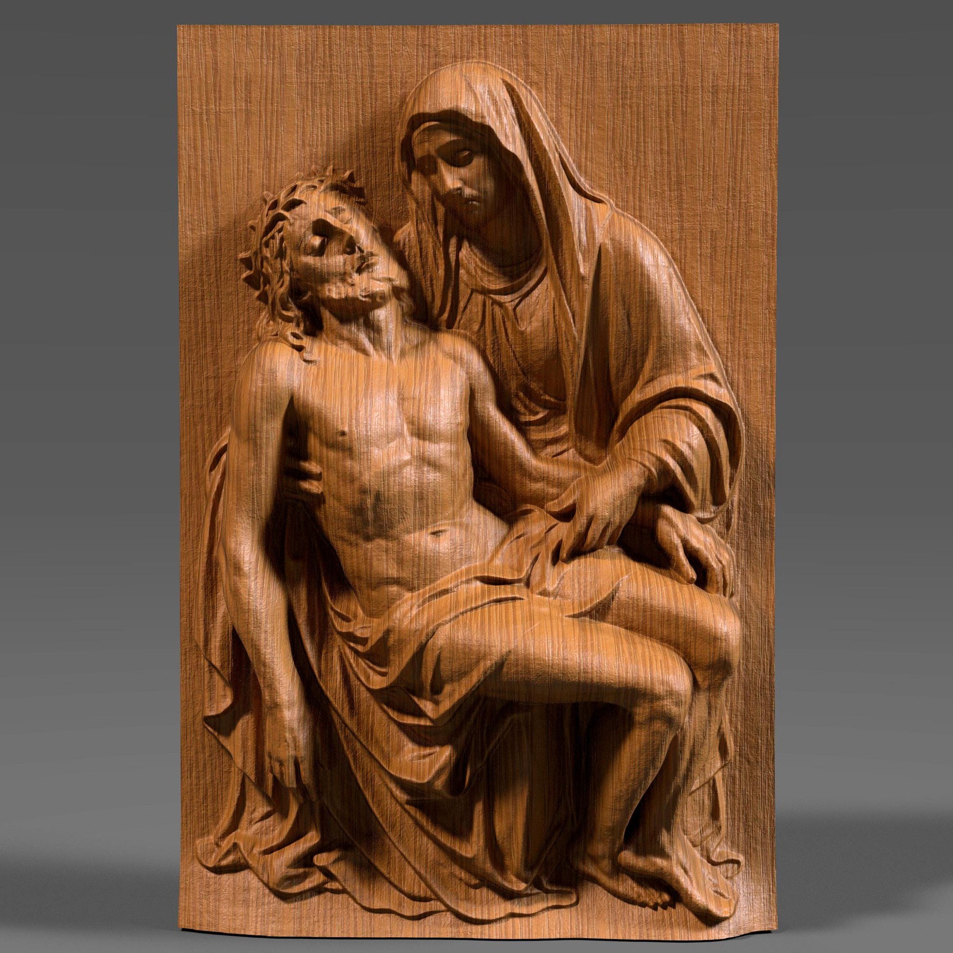 Detailed 3D bas-relief carving of the Pietà scene showing the Virgin Mary holding Jesus after the crucifixion. The artwork features realistic drapery, expressive emotion, and fine wooden texture, making it ideal for Christian homes, prayer rooms, and Christmas religious décor. Perfect for wall hanging, devotional art displays, or CNC/3D-printed sacred artwork. A beautiful spiritual piece celebrating faith, love, and sacrifice.