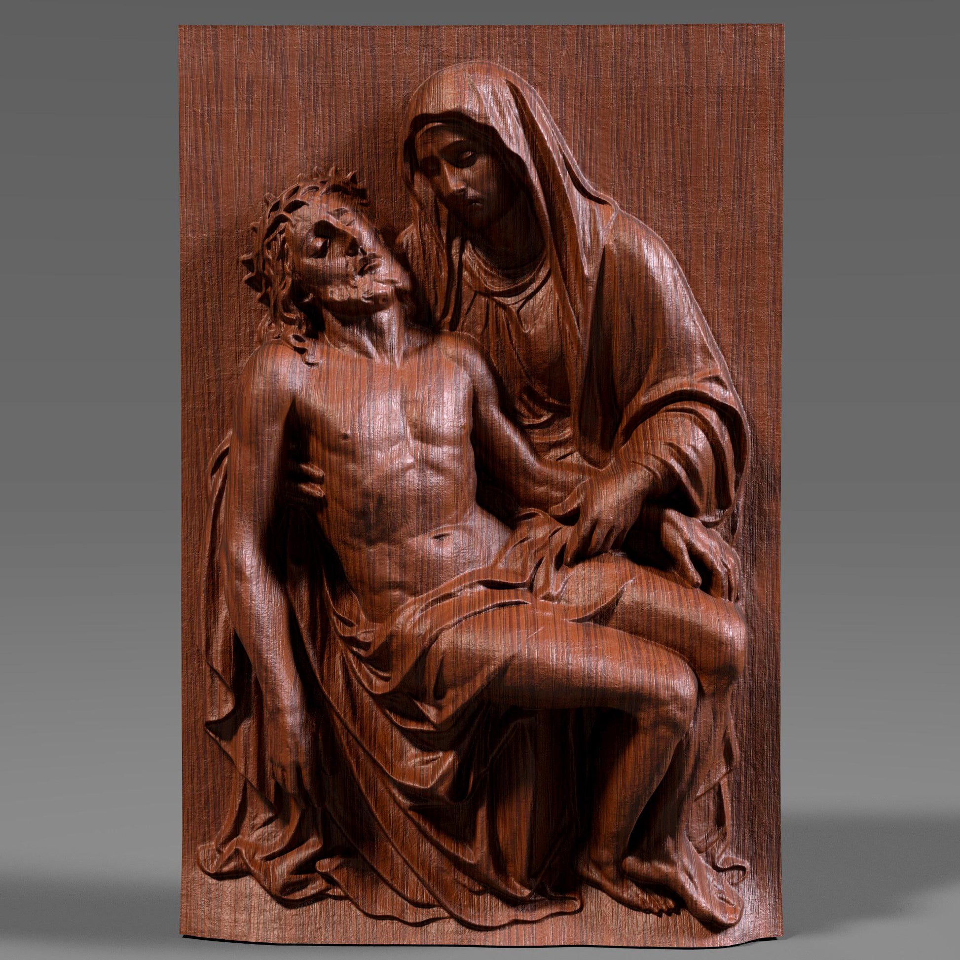 Detailed 3D bas-relief carving of the Pietà scene showing the Virgin Mary holding Jesus after the crucifixion. The artwork features realistic drapery, expressive emotion, and fine wooden texture, making it ideal for Christian homes, prayer rooms, and Christmas religious décor. Perfect for wall hanging, devotional art displays, or CNC/3D-printed sacred artwork. A beautiful spiritual piece celebrating faith, love, and sacrifice.