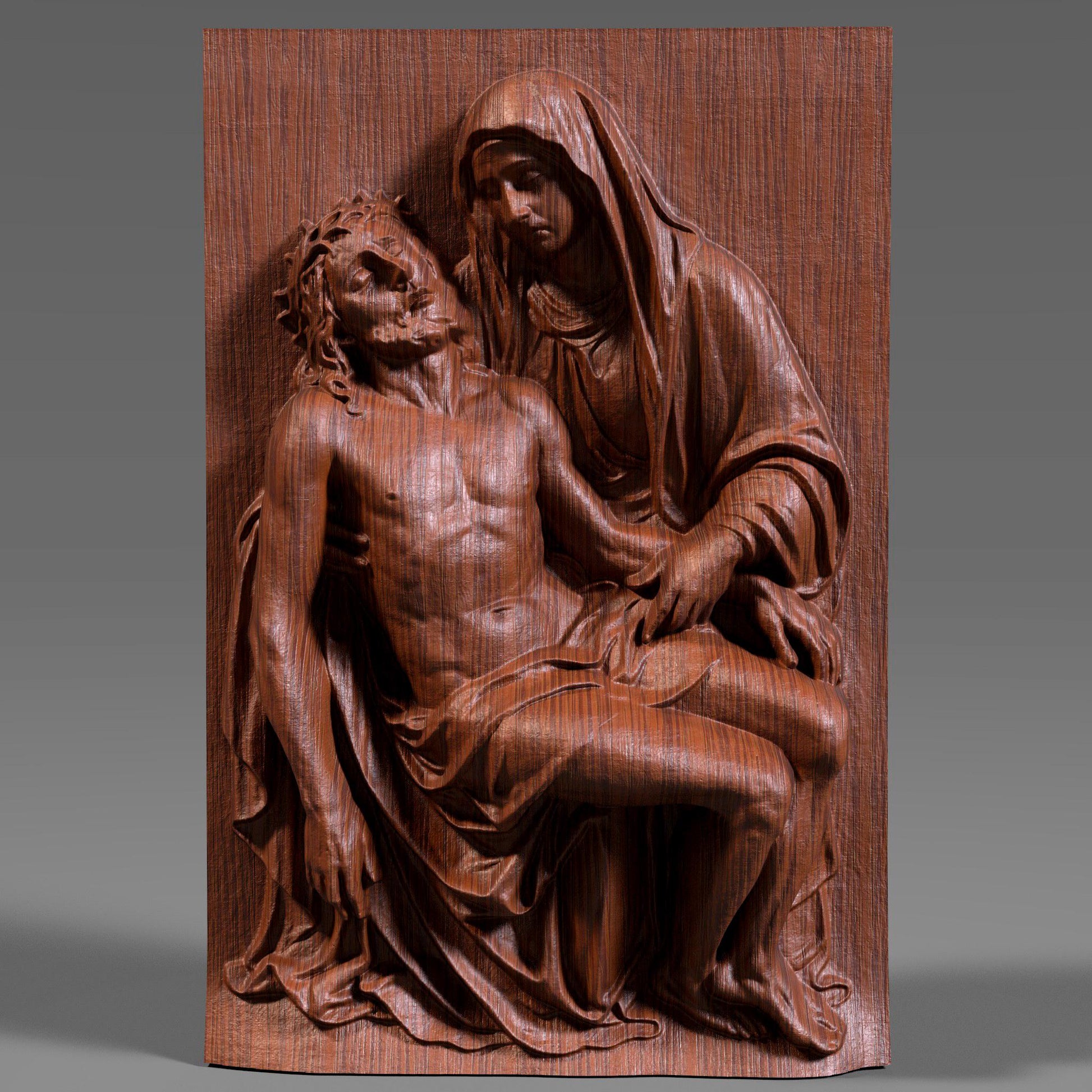 Detailed 3D bas-relief carving of the Pietà scene showing the Virgin Mary holding Jesus after the crucifixion. The artwork features realistic drapery, expressive emotion, and fine wooden texture, making it ideal for Christian homes, prayer rooms, and Christmas religious décor. Perfect for wall hanging, devotional art displays, or CNC/3D-printed sacred artwork. A beautiful spiritual piece celebrating faith, love, and sacrifice.