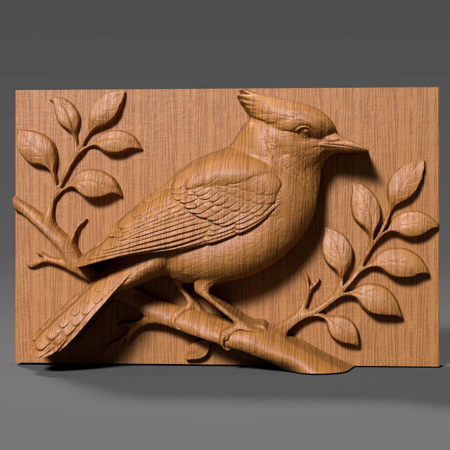 A detailed 3D bas relief carving of a blue jay perched on a branch with surrounding leaves. The sculpture captures realistic feather texture, a strong crest, and natural bird anatomy. Designed for CNC carving, laser engraving, or 3D printing, this wooden-style artwork highlights nature and wildlife themes, perfect for rustic wall decor, bird lovers, or woodland home decorations.