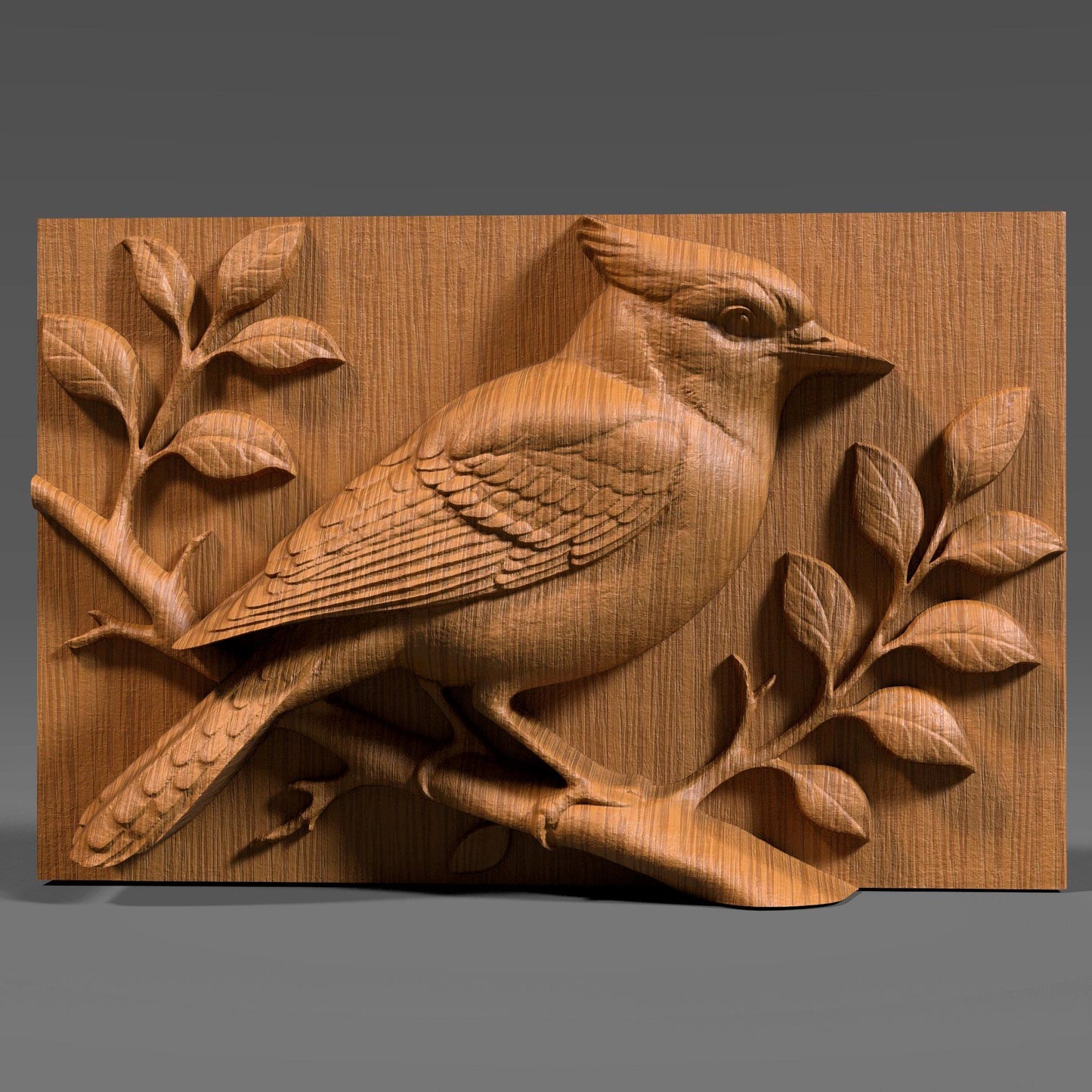 A detailed 3D bas relief carving of a blue jay perched on a branch with surrounding leaves. The sculpture captures realistic feather texture, a strong crest, and natural bird anatomy. Designed for CNC carving, laser engraving, or 3D printing, this wooden-style artwork highlights nature and wildlife themes, perfect for rustic wall decor, bird lovers, or woodland home decorations.