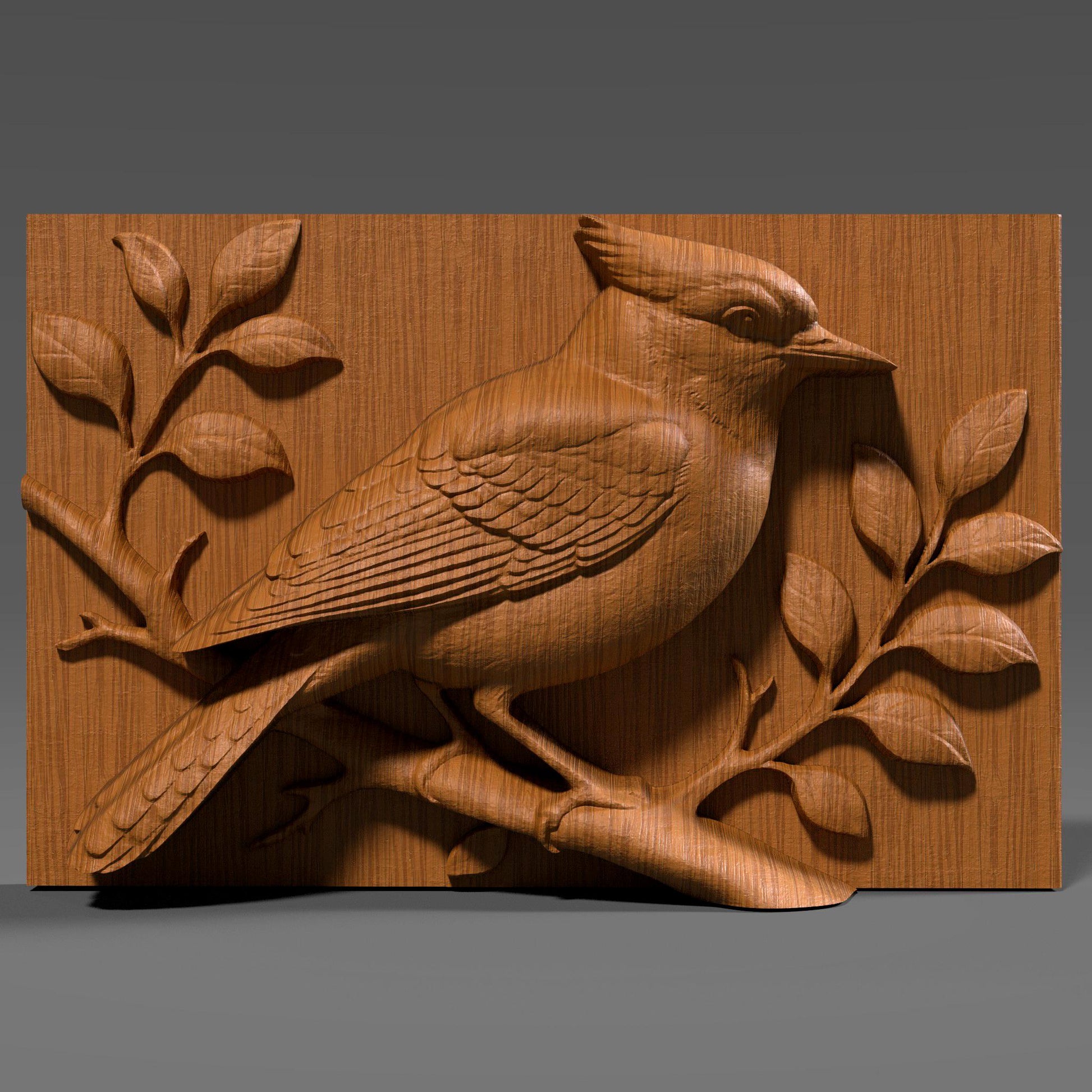 A detailed 3D bas relief carving of a blue jay perched on a branch with surrounding leaves. The sculpture captures realistic feather texture, a strong crest, and natural bird anatomy. Designed for CNC carving, laser engraving, or 3D printing, this wooden-style artwork highlights nature and wildlife themes, perfect for rustic wall decor, bird lovers, or woodland home decorations.