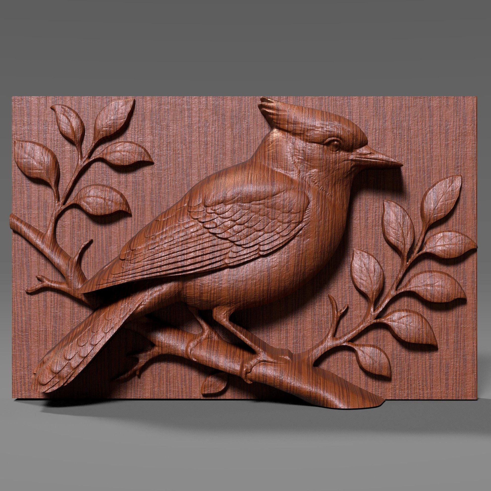 A detailed 3D bas relief carving of a blue jay perched on a branch with surrounding leaves. The sculpture captures realistic feather texture, a strong crest, and natural bird anatomy. Designed for CNC carving, laser engraving, or 3D printing, this wooden-style artwork highlights nature and wildlife themes, perfect for rustic wall decor, bird lovers, or woodland home decorations.