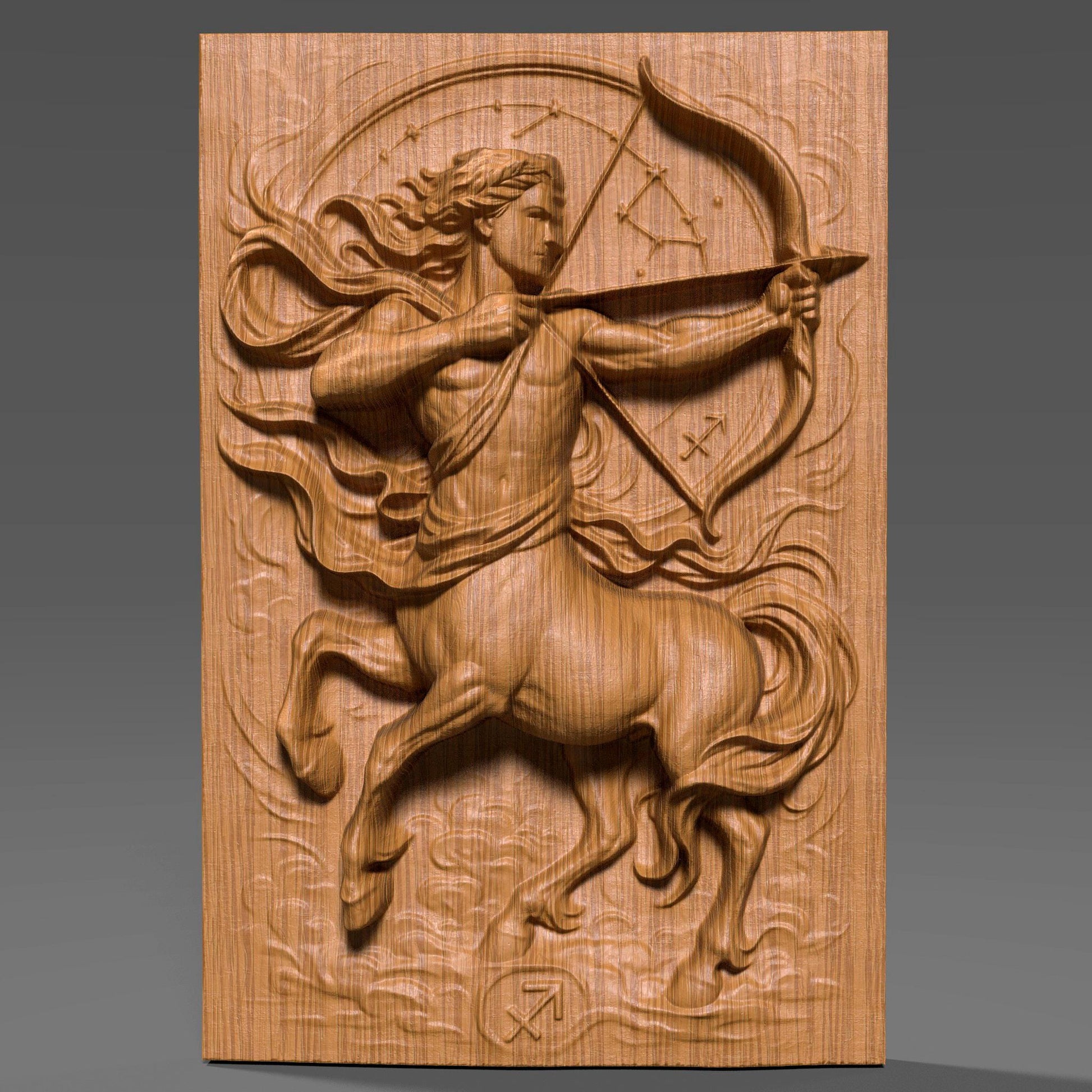 A detailed 3D bas relief carving of the Sagittarius zodiac symbol, featuring a dynamic centaur archer drawing a bow with flowing fabric and swirling clouds. The artwork highlights sculpted musculature, detailed horse anatomy, and a circular star constellation backdrop. Designed for CNC carving, laser engraving, or 3D printing, this wooden-style zodiac panel is ideal for astrology lovers, December birthdays, or celestial-themed home decor.