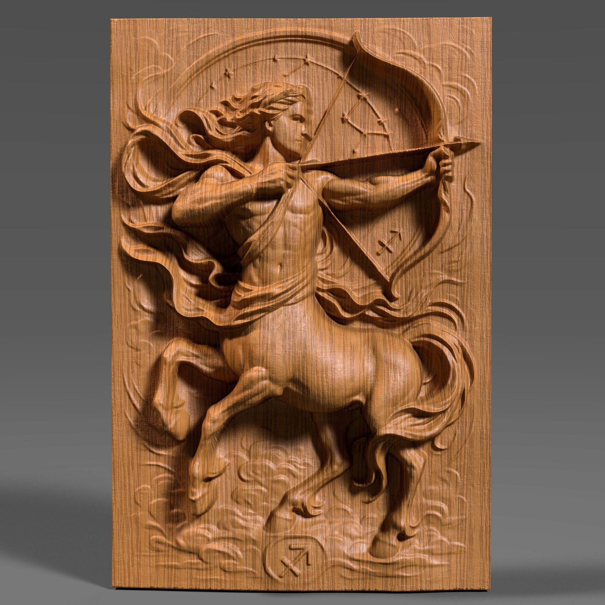 A detailed 3D bas relief carving of the Sagittarius zodiac symbol, featuring a dynamic centaur archer drawing a bow with flowing fabric and swirling clouds. The artwork highlights sculpted musculature, detailed horse anatomy, and a circular star constellation backdrop. Designed for CNC carving, laser engraving, or 3D printing, this wooden-style zodiac panel is ideal for astrology lovers, December birthdays, or celestial-themed home decor.