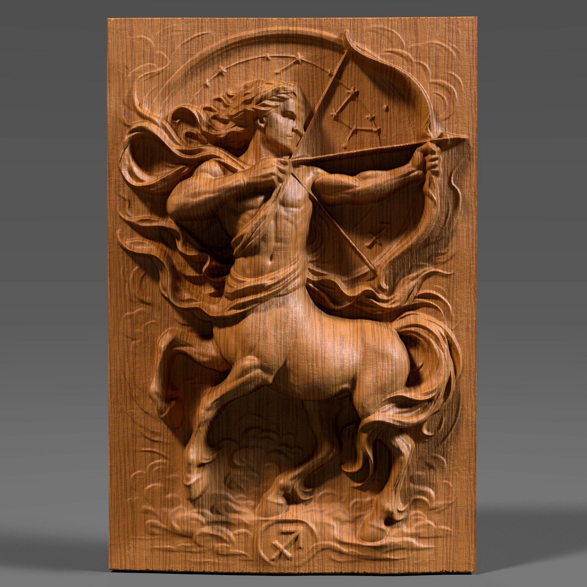 A detailed 3D bas relief carving of the Sagittarius zodiac symbol, featuring a dynamic centaur archer drawing a bow with flowing fabric and swirling clouds. The artwork highlights sculpted musculature, detailed horse anatomy, and a circular star constellation backdrop. Designed for CNC carving, laser engraving, or 3D printing, this wooden-style zodiac panel is ideal for astrology lovers, December birthdays, or celestial-themed home decor.