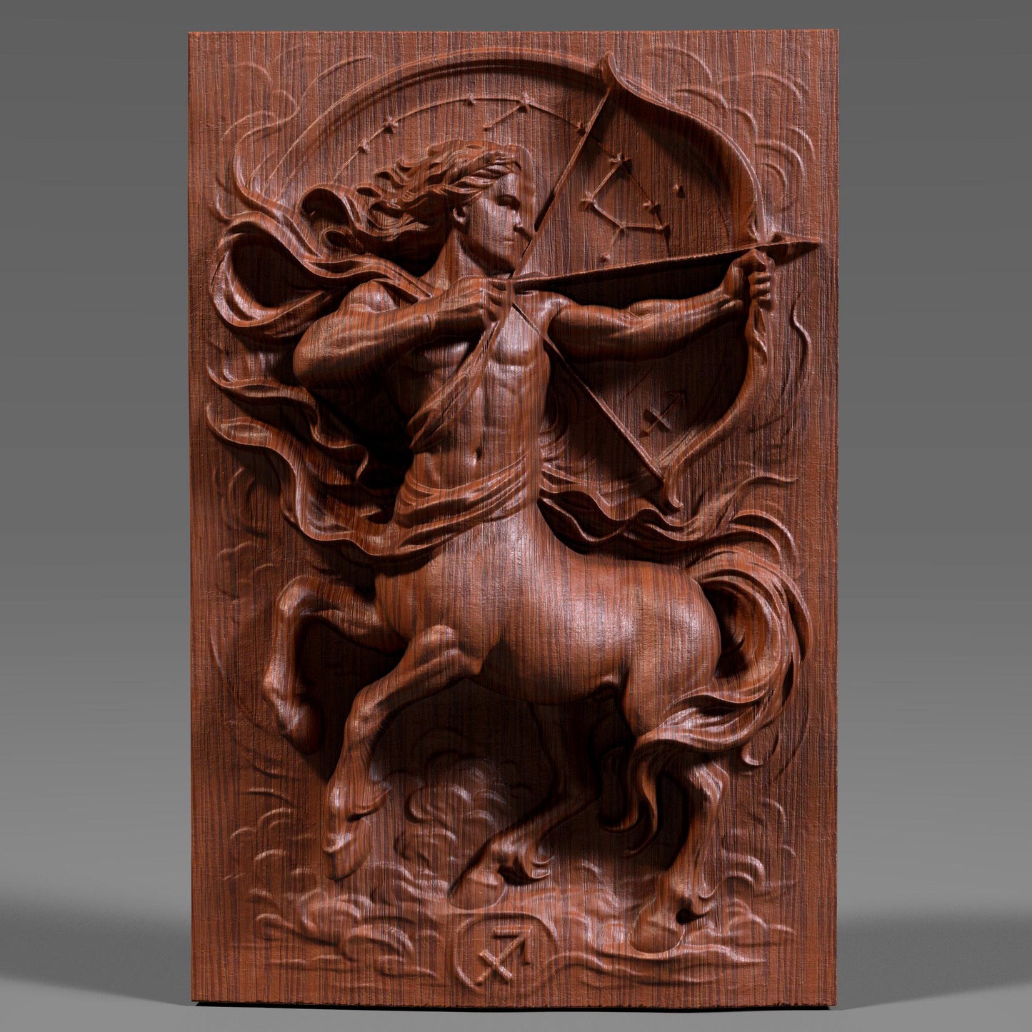 A detailed 3D bas relief carving of the Sagittarius zodiac symbol, featuring a dynamic centaur archer drawing a bow with flowing fabric and swirling clouds. The artwork highlights sculpted musculature, detailed horse anatomy, and a circular star constellation backdrop. Designed for CNC carving, laser engraving, or 3D printing, this wooden-style zodiac panel is ideal for astrology lovers, December birthdays, or celestial-themed home decor.