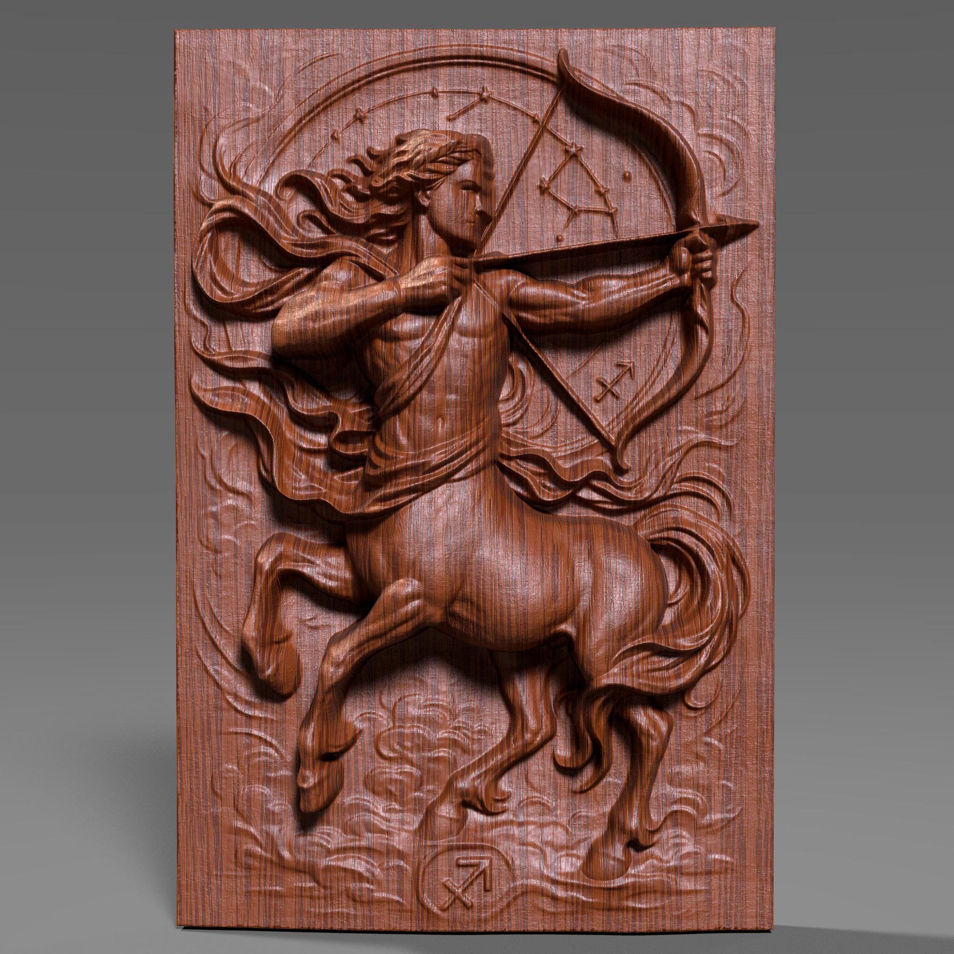 A detailed 3D bas relief carving of the Sagittarius zodiac symbol, featuring a dynamic centaur archer drawing a bow with flowing fabric and swirling clouds. The artwork highlights sculpted musculature, detailed horse anatomy, and a circular star constellation backdrop. Designed for CNC carving, laser engraving, or 3D printing, this wooden-style zodiac panel is ideal for astrology lovers, December birthdays, or celestial-themed home decor.