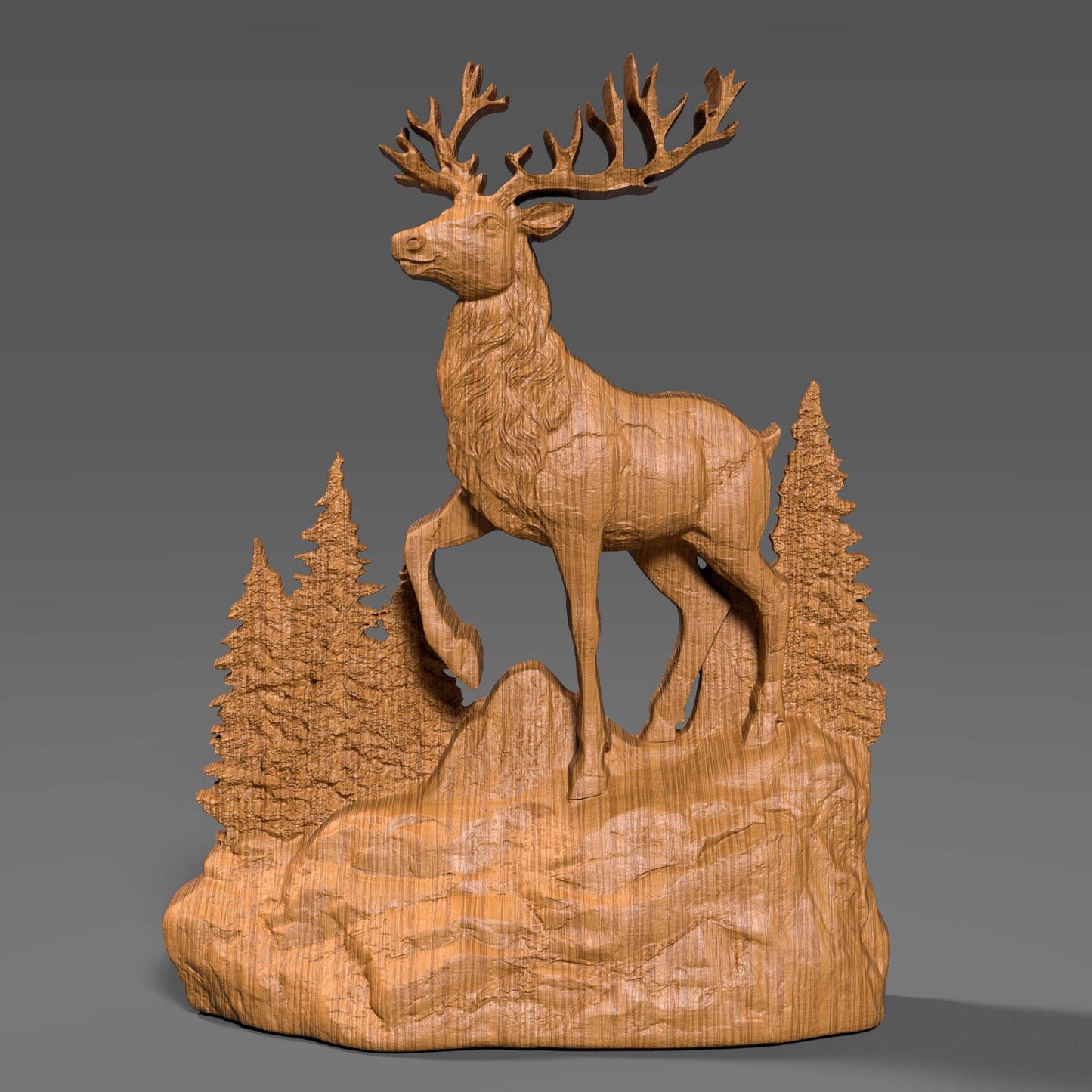 A detailed 3D bas relief sculpture of a Christmas reindeer standing on a rocky base surrounded by pine trees, carved in wood style. High-resolution digital STL design perfect for CNC carving, winter décor, Christian and holiday wall art