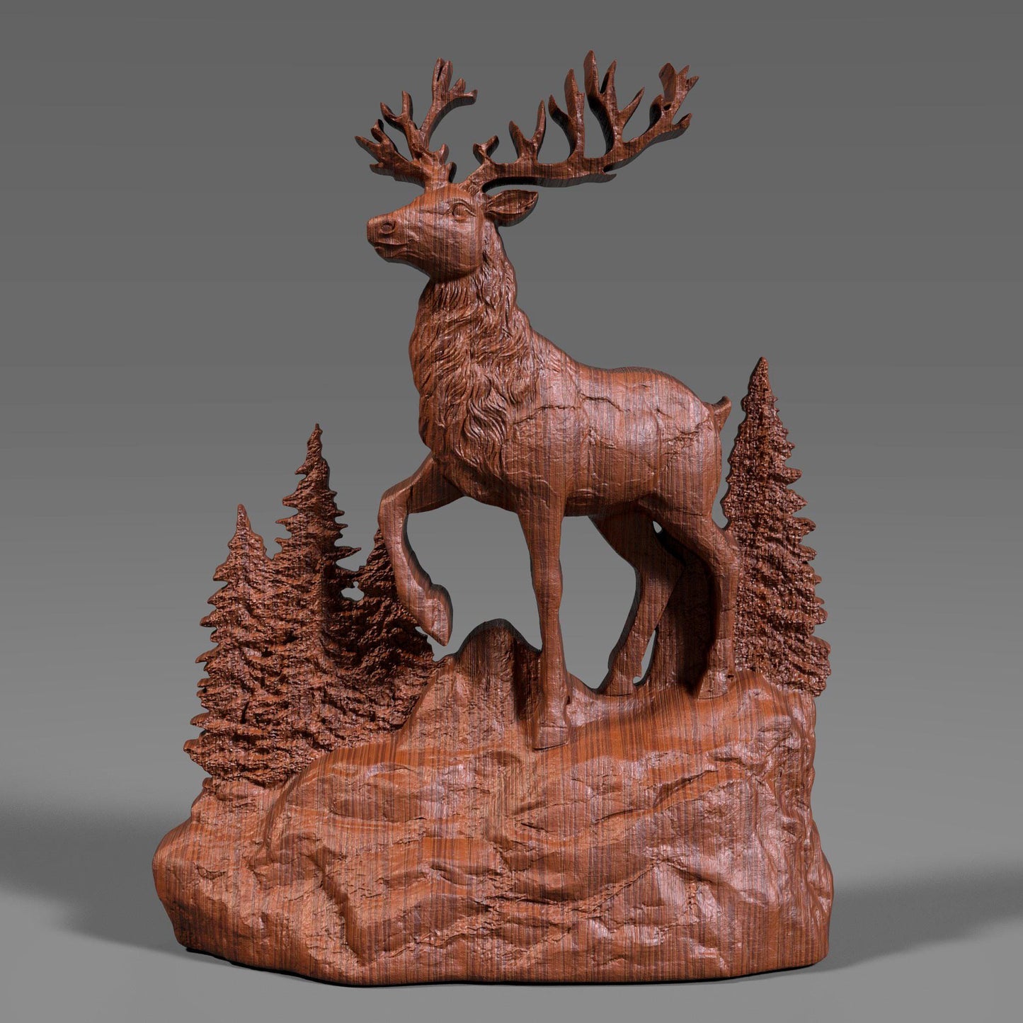 A detailed 3D bas relief sculpture of a Christmas reindeer standing on a rocky base surrounded by pine trees, carved in wood style. High-resolution digital STL design perfect for CNC carving, winter décor, Christian and holiday wall art