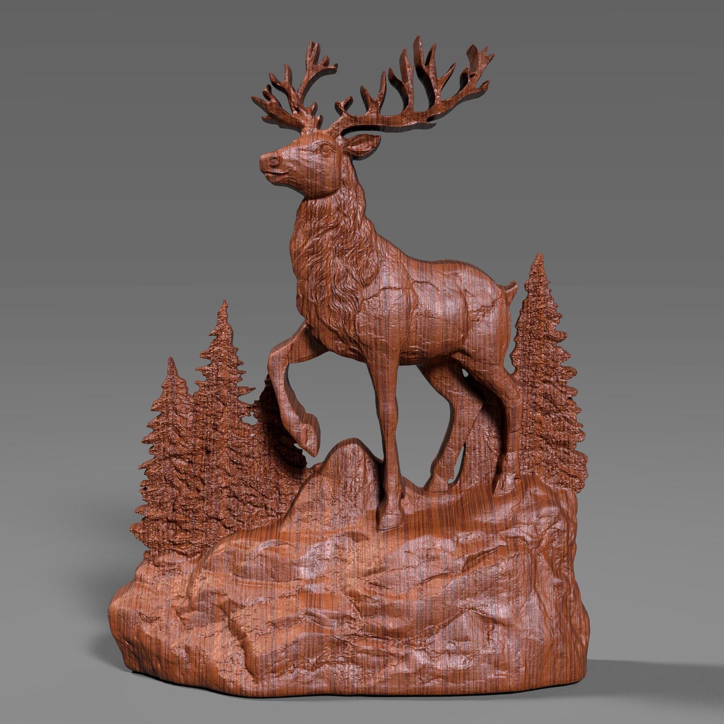 A detailed 3D bas relief sculpture of a Christmas reindeer standing on a rocky base surrounded by pine trees, carved in wood style. High-resolution digital STL design perfect for CNC carving, winter décor, Christian and holiday wall art